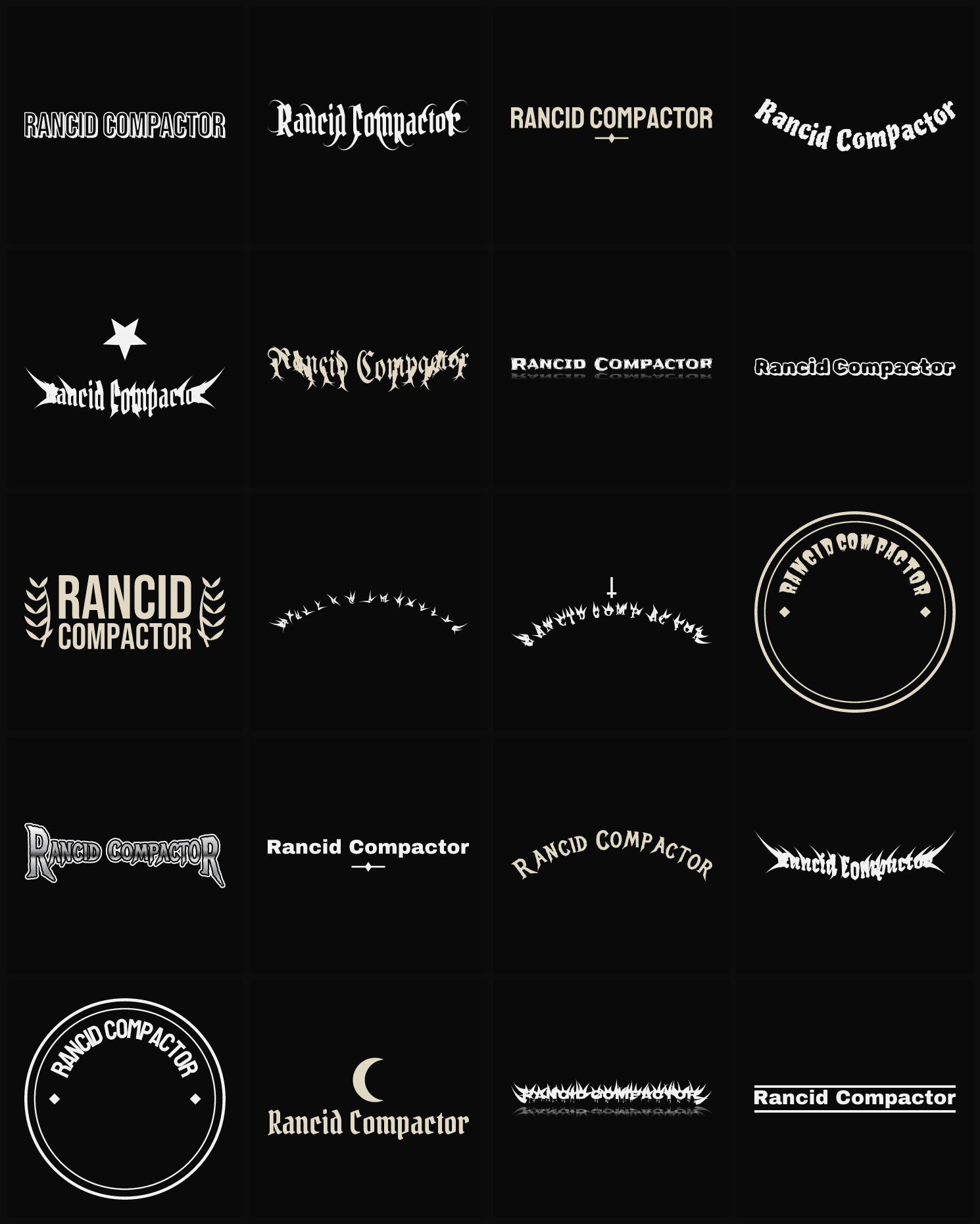Twenty Rancid Compactor band logo ideas — different faces, treatments and spike settings