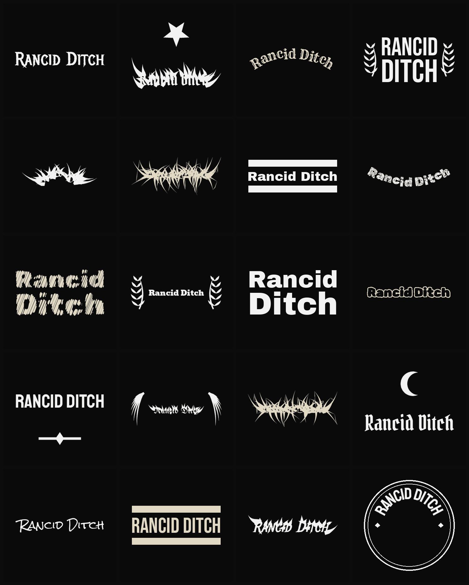 Twenty Rancid Ditch band logo ideas — different faces, treatments and spike settings