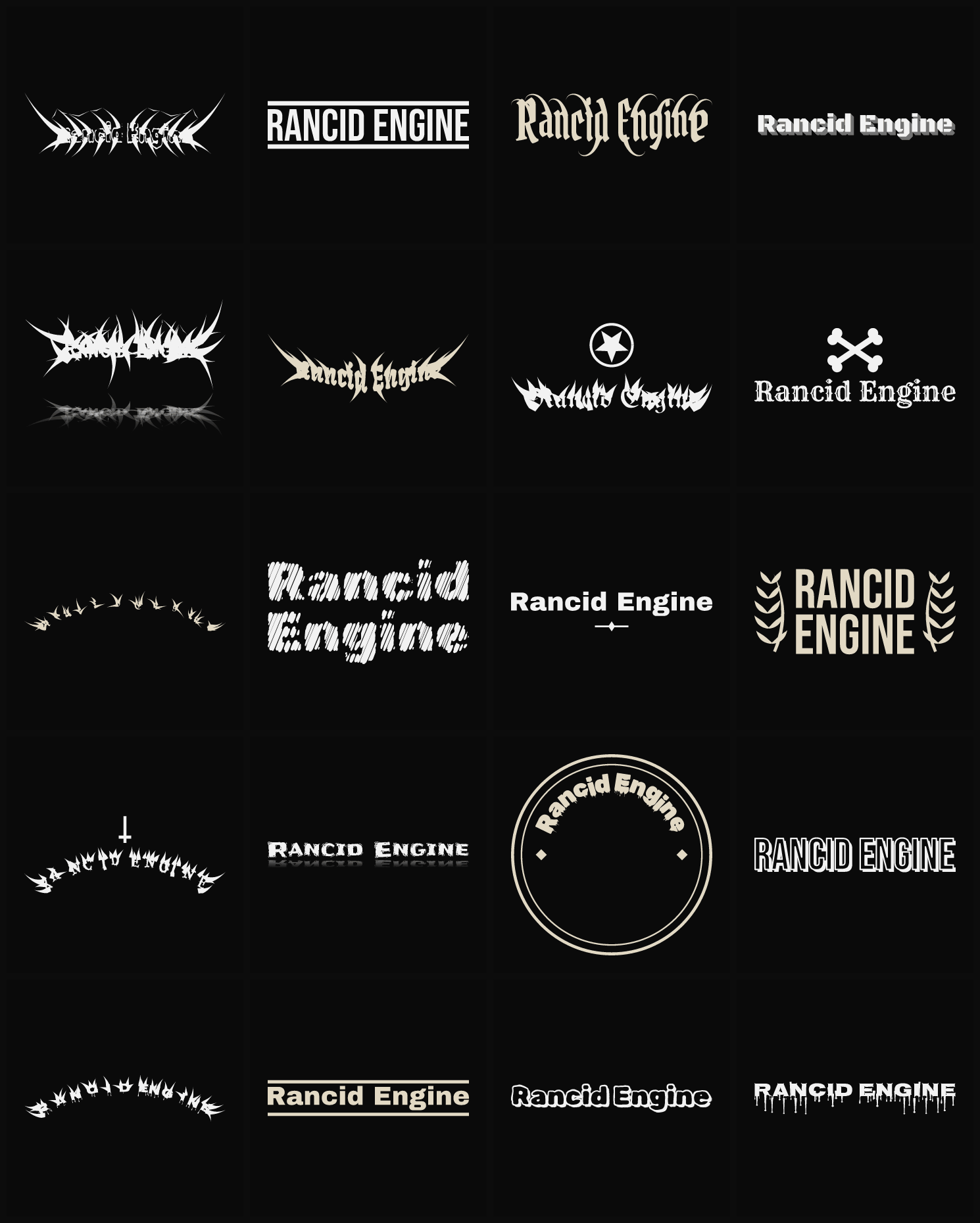 Twenty Rancid Engine band logo ideas — different faces, treatments and spike settings