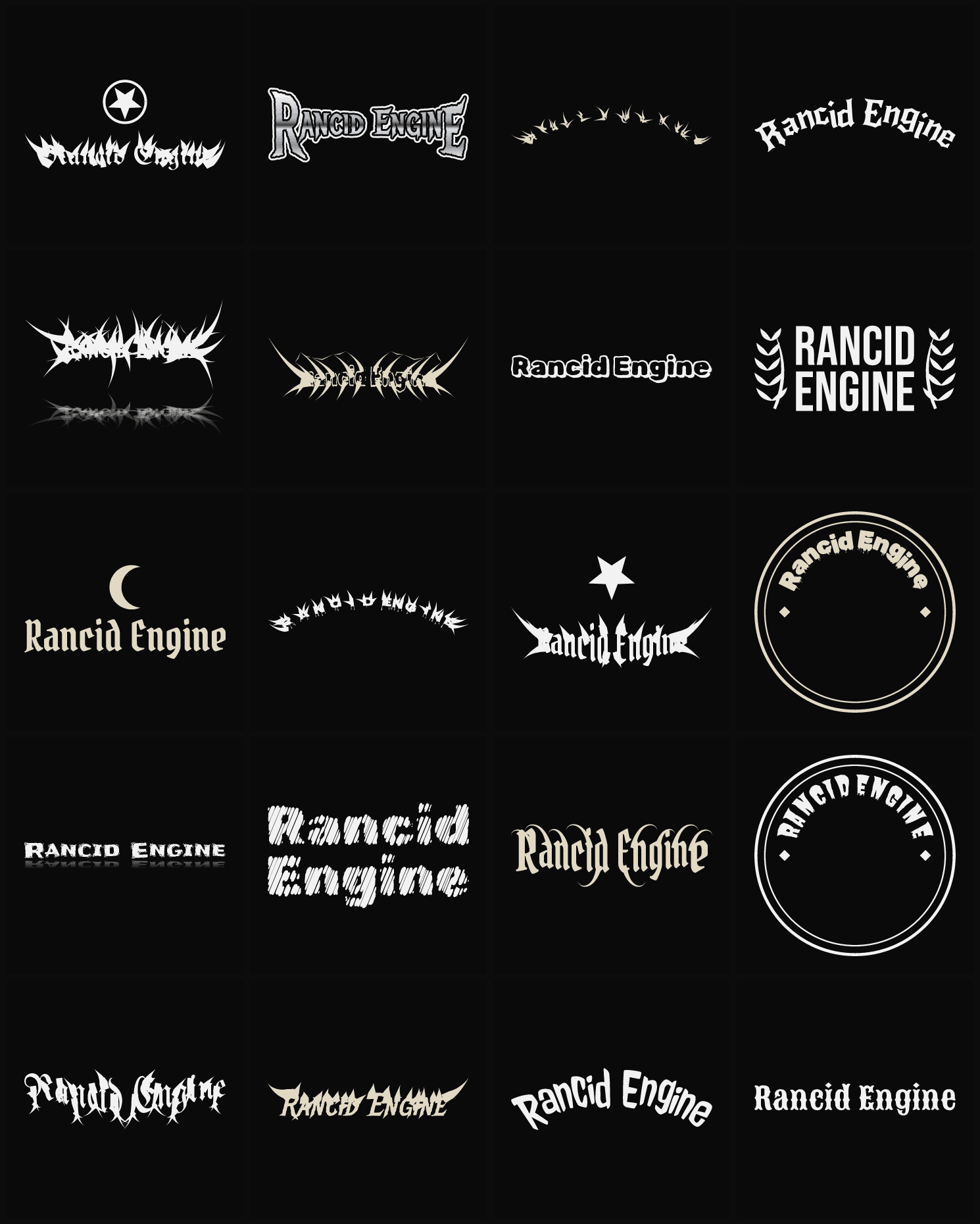 Twenty Rancid Engine band logo ideas — different faces, treatments and spike settings