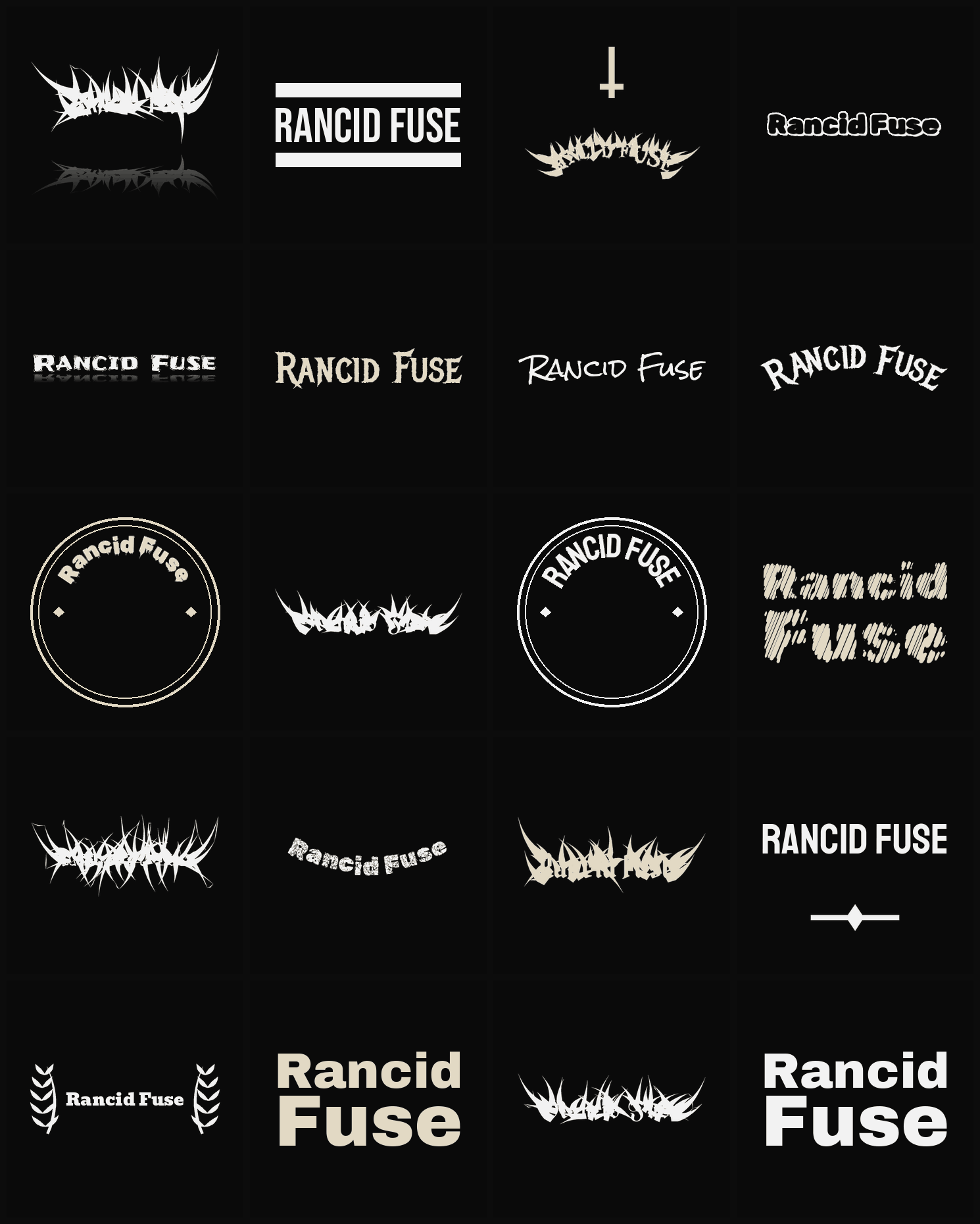 Twenty Rancid Fuse band logo ideas — different faces, treatments and spike settings