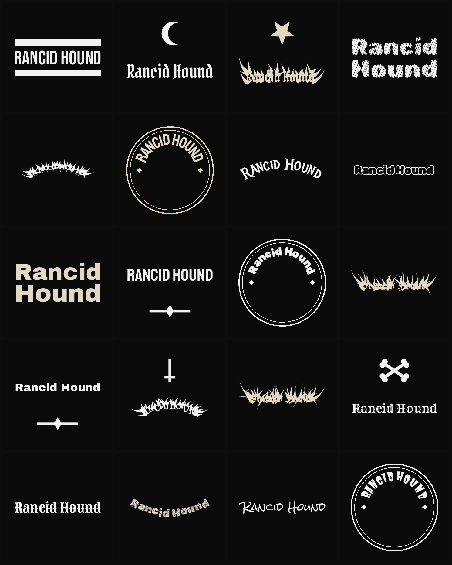 Twenty Rancid Hound band logo ideas — different faces, treatments and spike settings