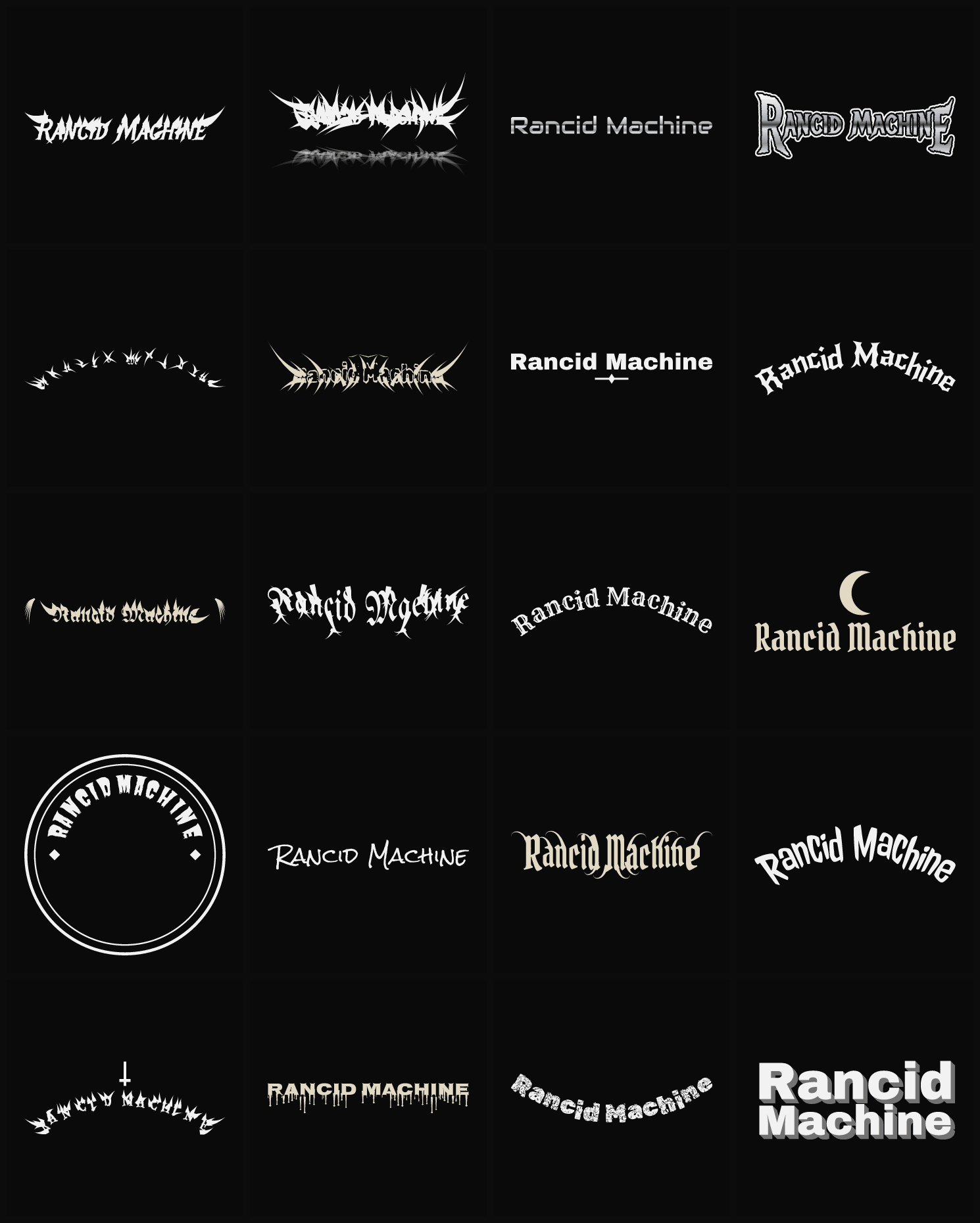 Twenty Rancid Machine band logo ideas — different faces, treatments and spike settings
