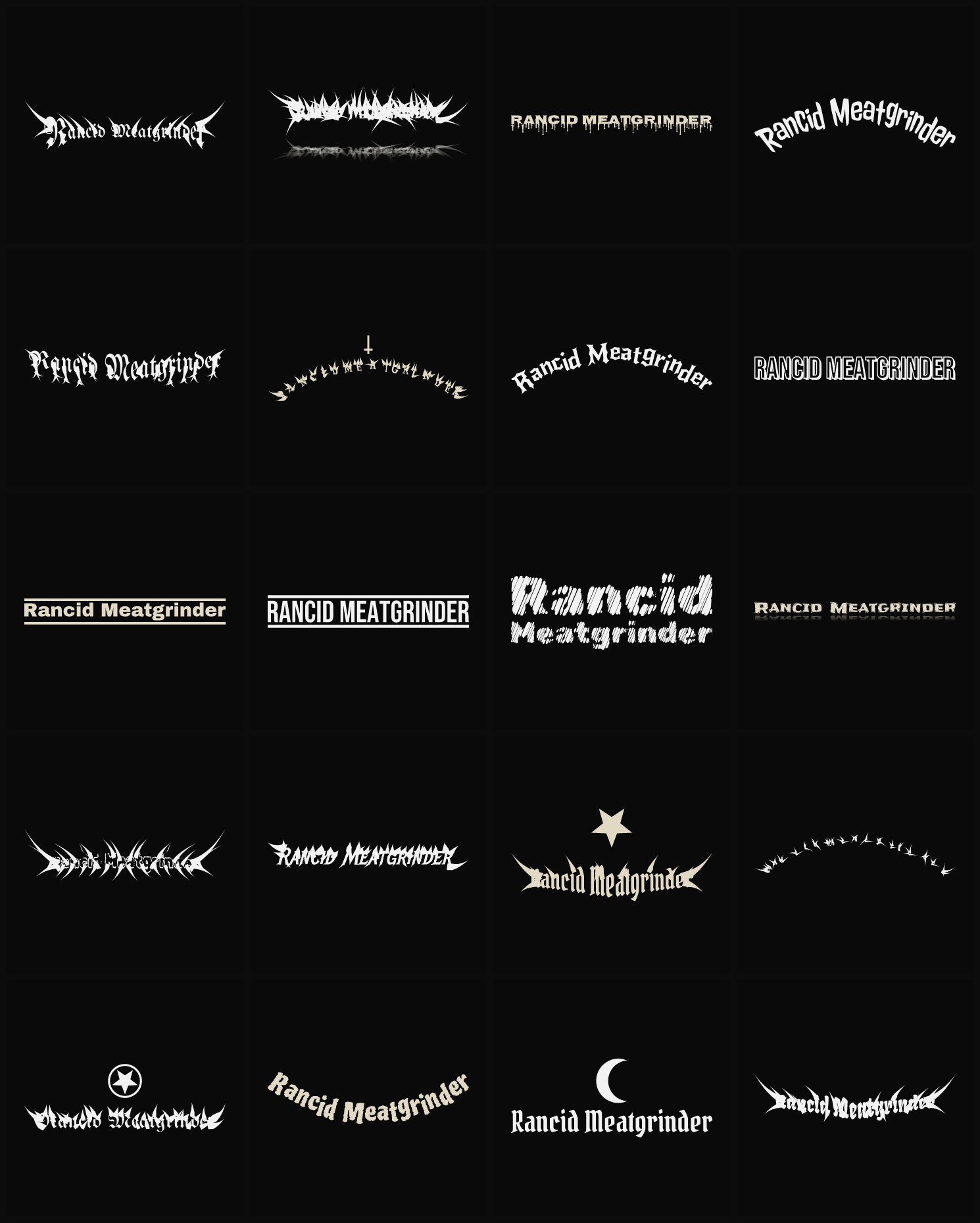 Twenty Rancid Meatgrinder band logo ideas — different faces, treatments and spike settings