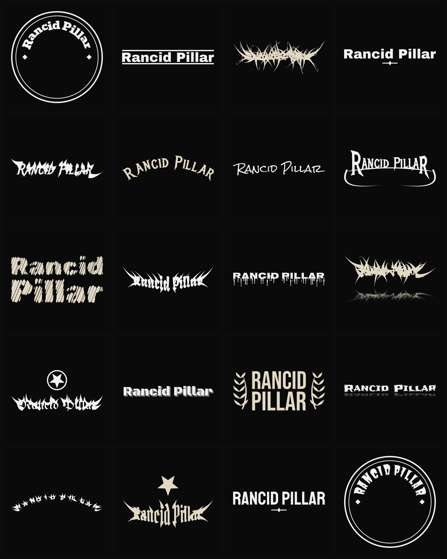 Twenty Rancid Pillar band logo ideas — different faces, treatments and spike settings