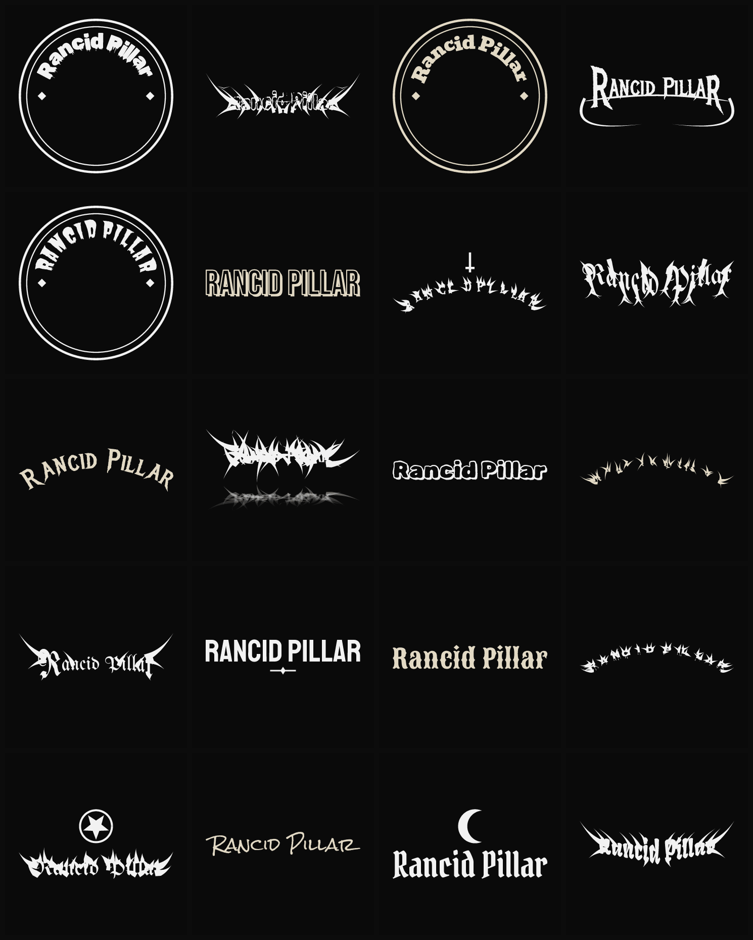 Twenty Rancid Pillar band logo ideas — different faces, treatments and spike settings