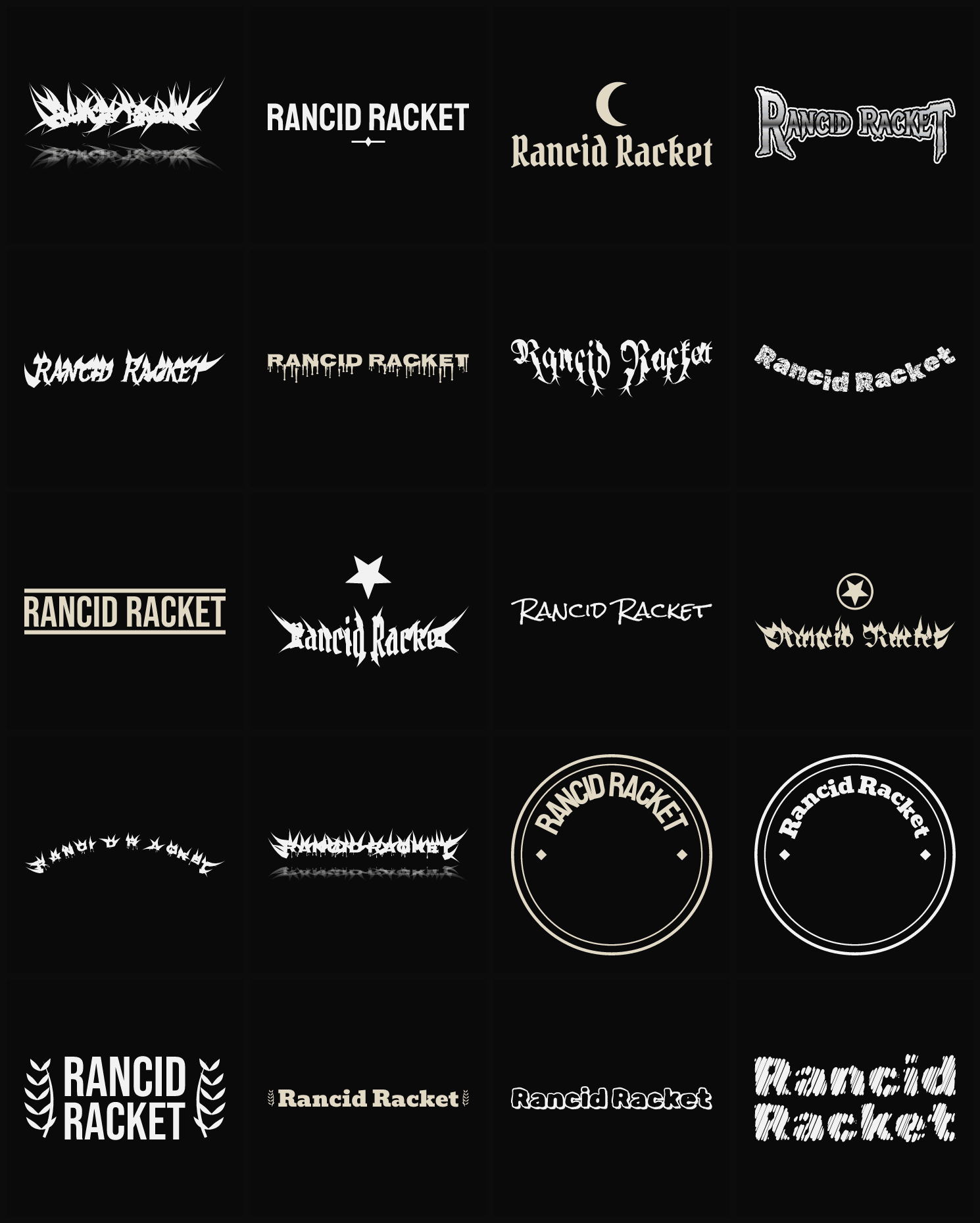 Twenty Rancid Racket band logo ideas — different faces, treatments and spike settings