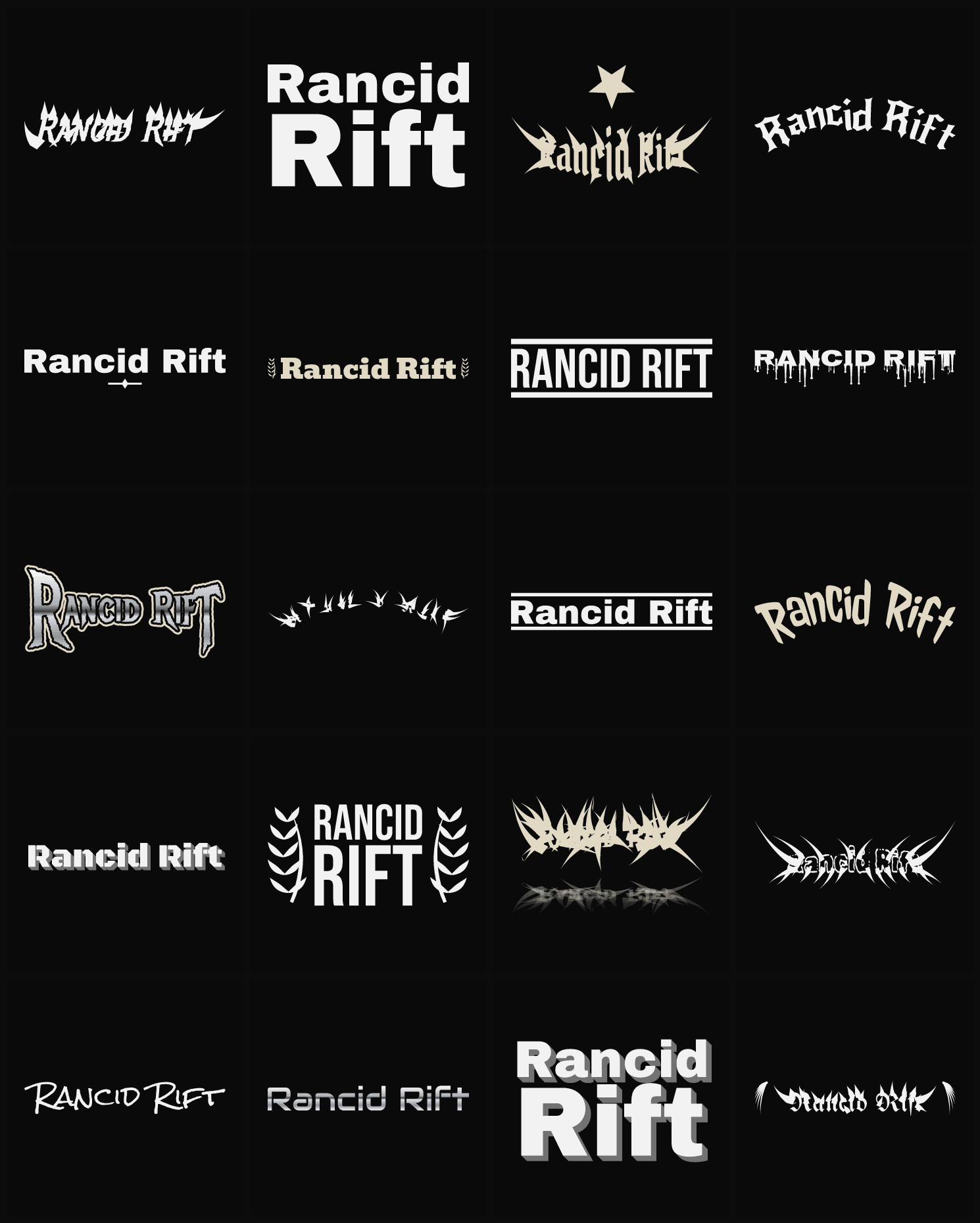 Twenty Rancid Rift band logo ideas — different faces, treatments and spike settings