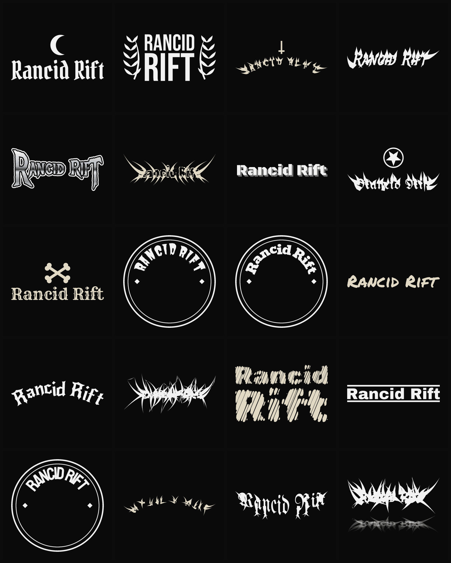Twenty Rancid Rift band logo ideas — different faces, treatments and spike settings