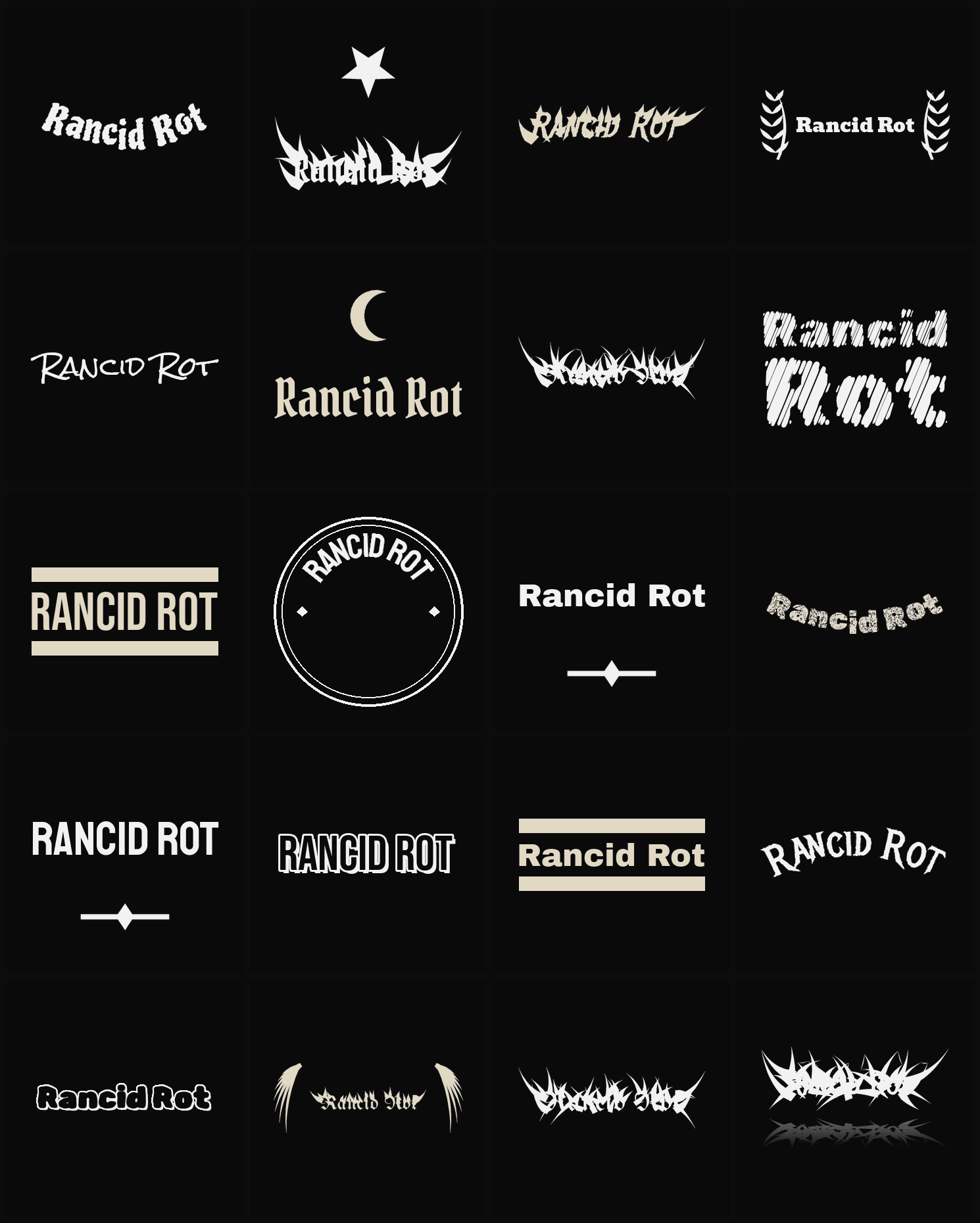 Twenty Rancid Rot band logo ideas — different faces, treatments and spike settings