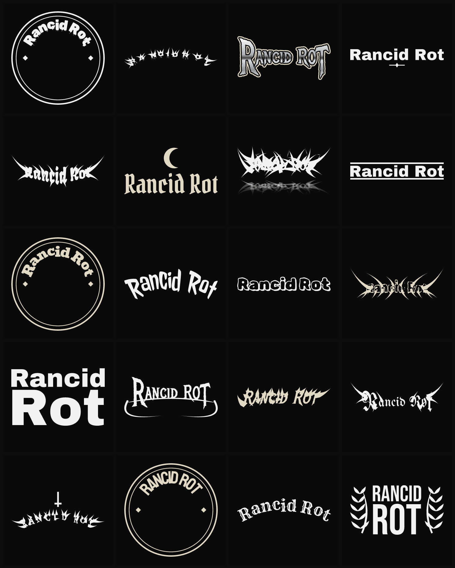 Twenty Rancid Rot band logo ideas — different faces, treatments and spike settings