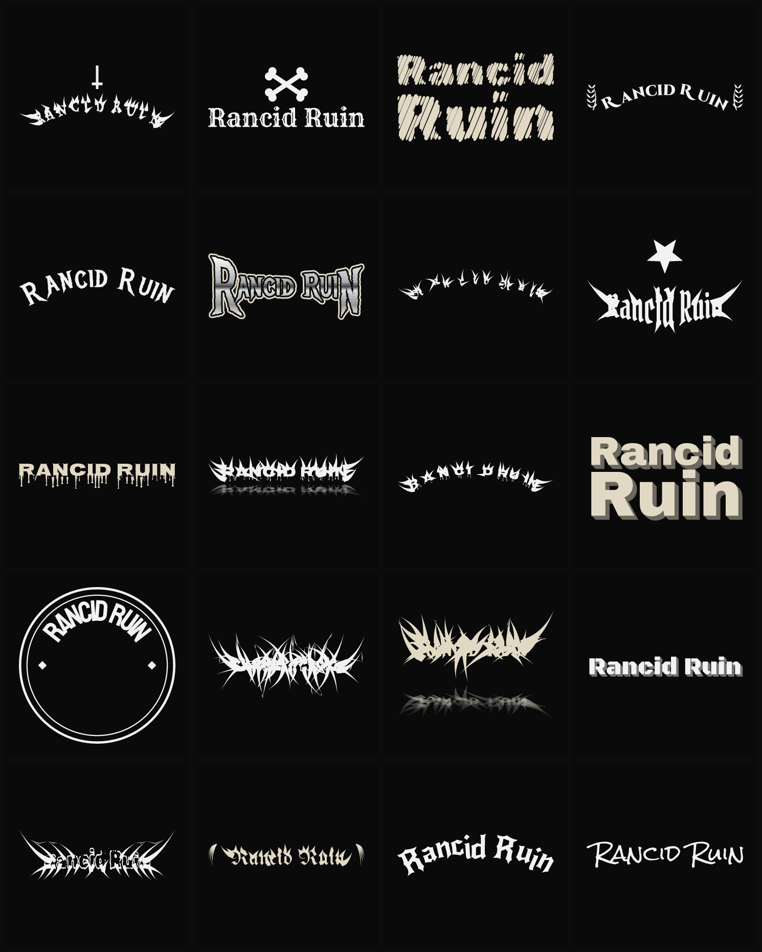 Twenty Rancid Ruin band logo ideas — different faces, treatments and spike settings