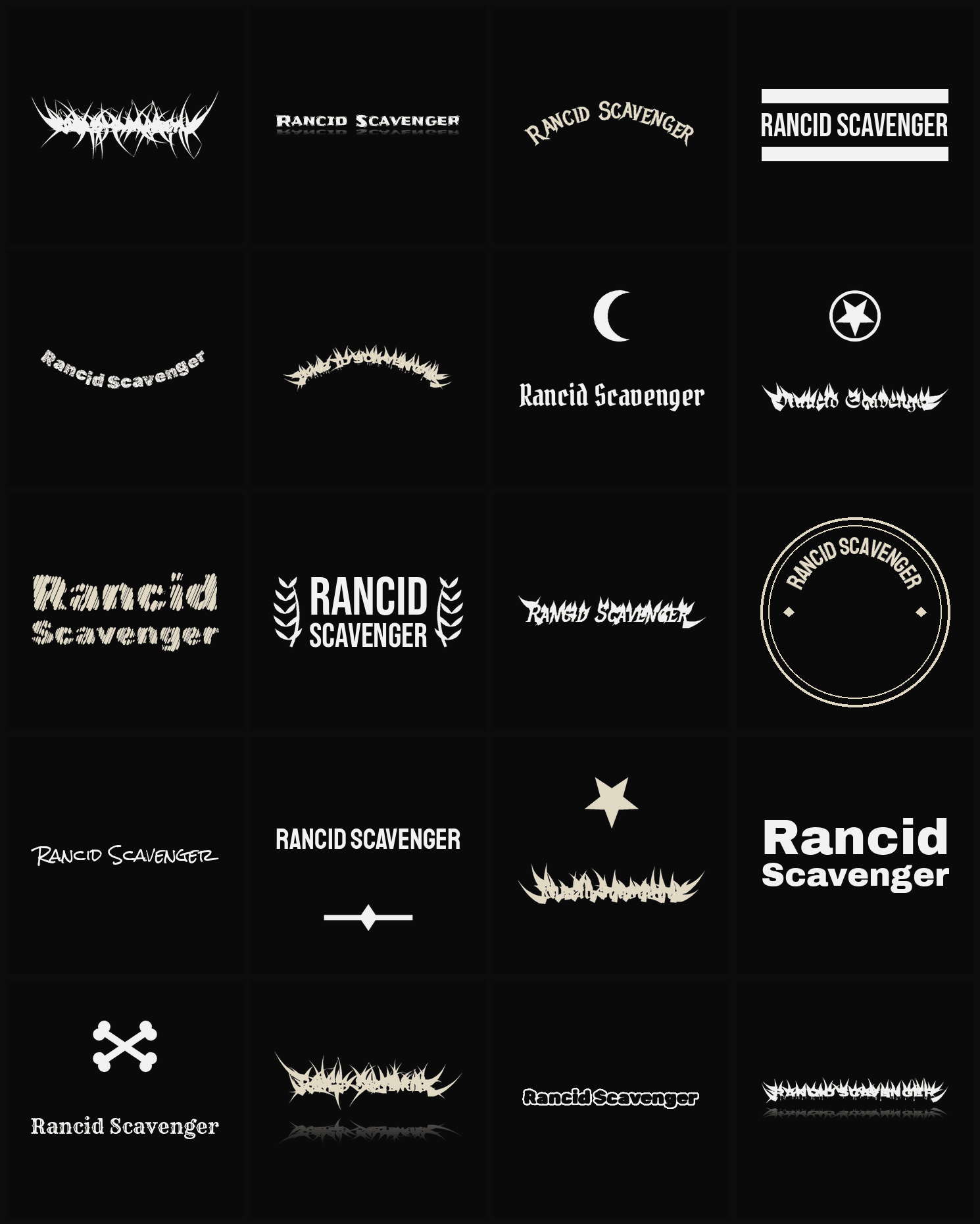 Twenty Rancid Scavenger band logo ideas — different faces, treatments and spike settings