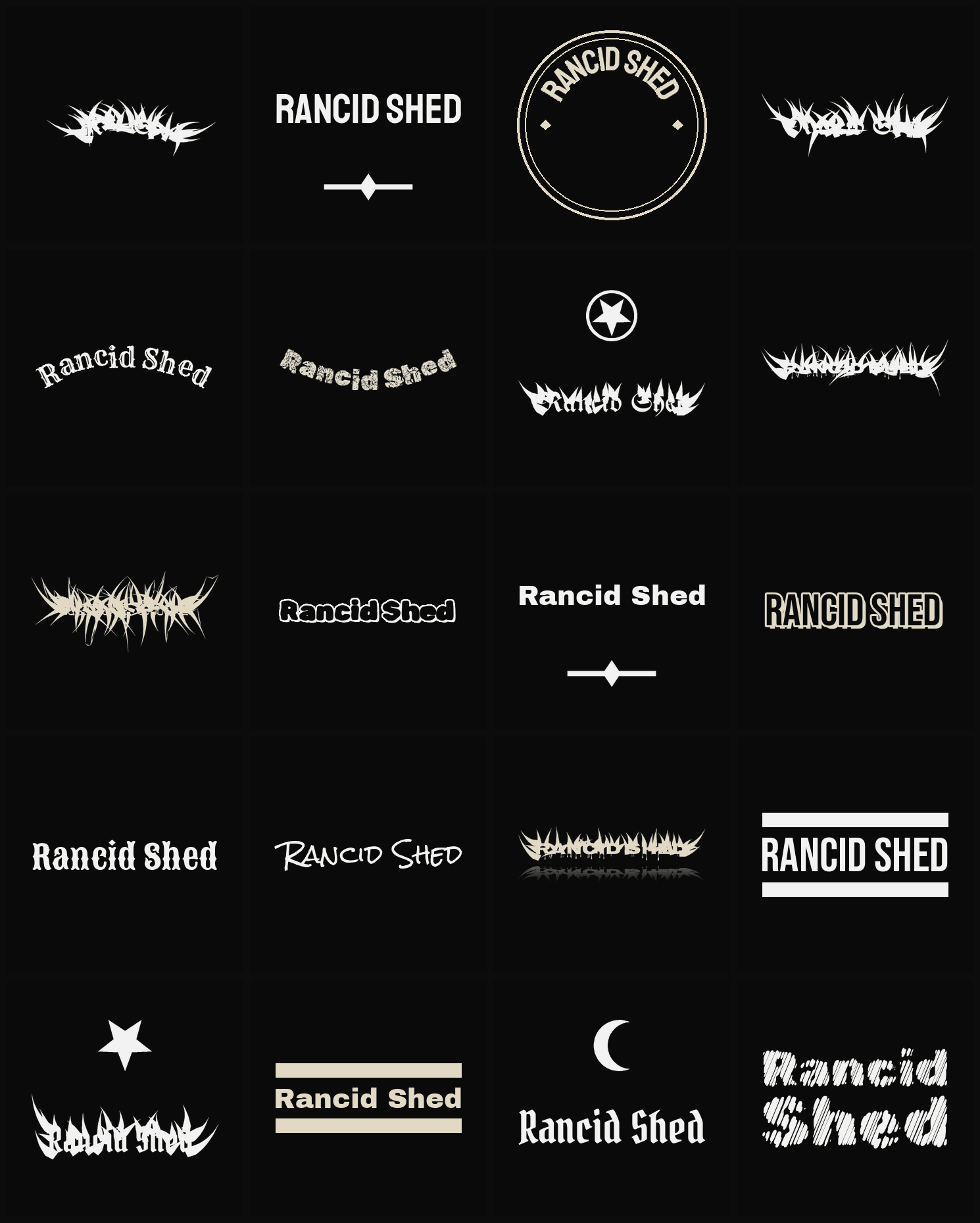 Twenty Rancid Shed band logo ideas — different faces, treatments and spike settings
