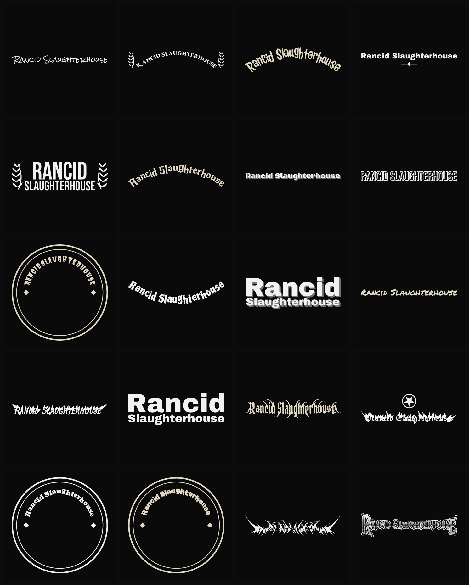 Twenty Rancid Slaughterhouse band logo ideas — different faces, treatments and spike settings