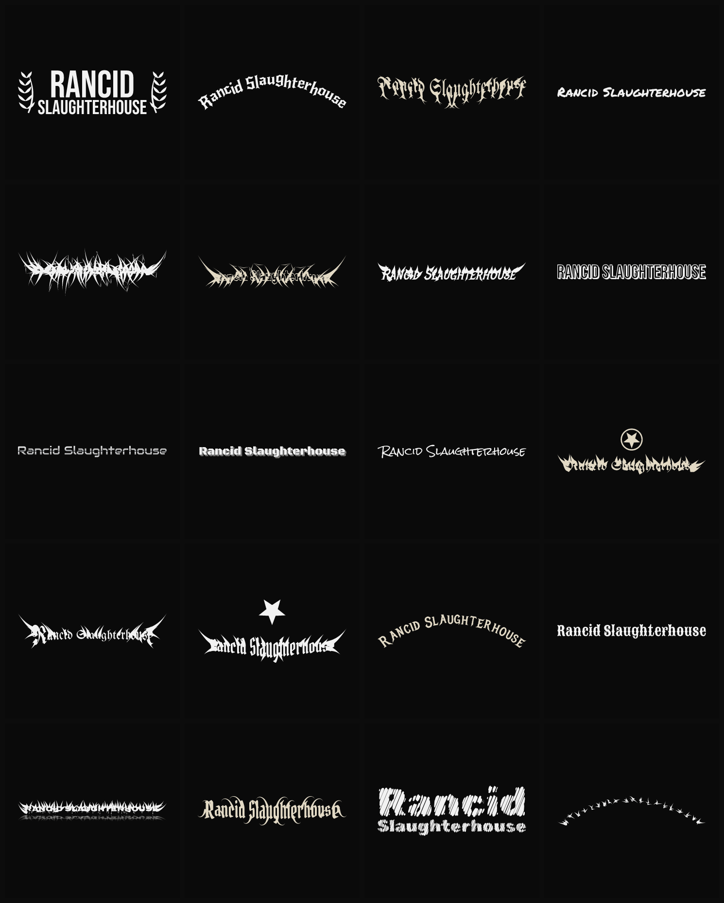 Twenty Rancid Slaughterhouse band logo ideas — different faces, treatments and spike settings