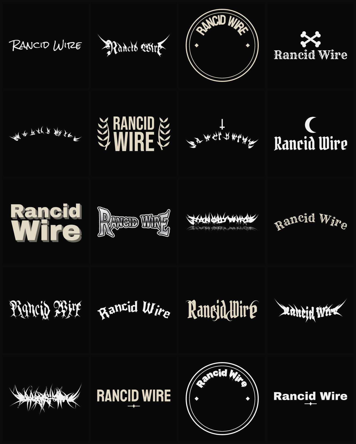 Twenty Rancid Wire band logo ideas — different faces, treatments and spike settings