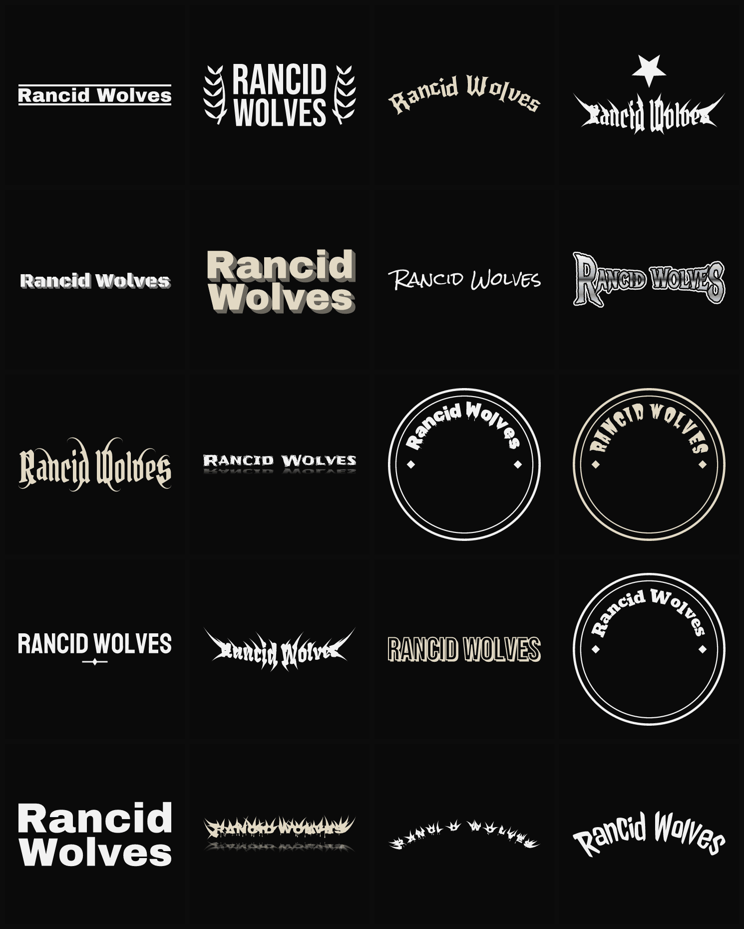 Twenty Rancid Wolves band logo ideas — different faces, treatments and spike settings