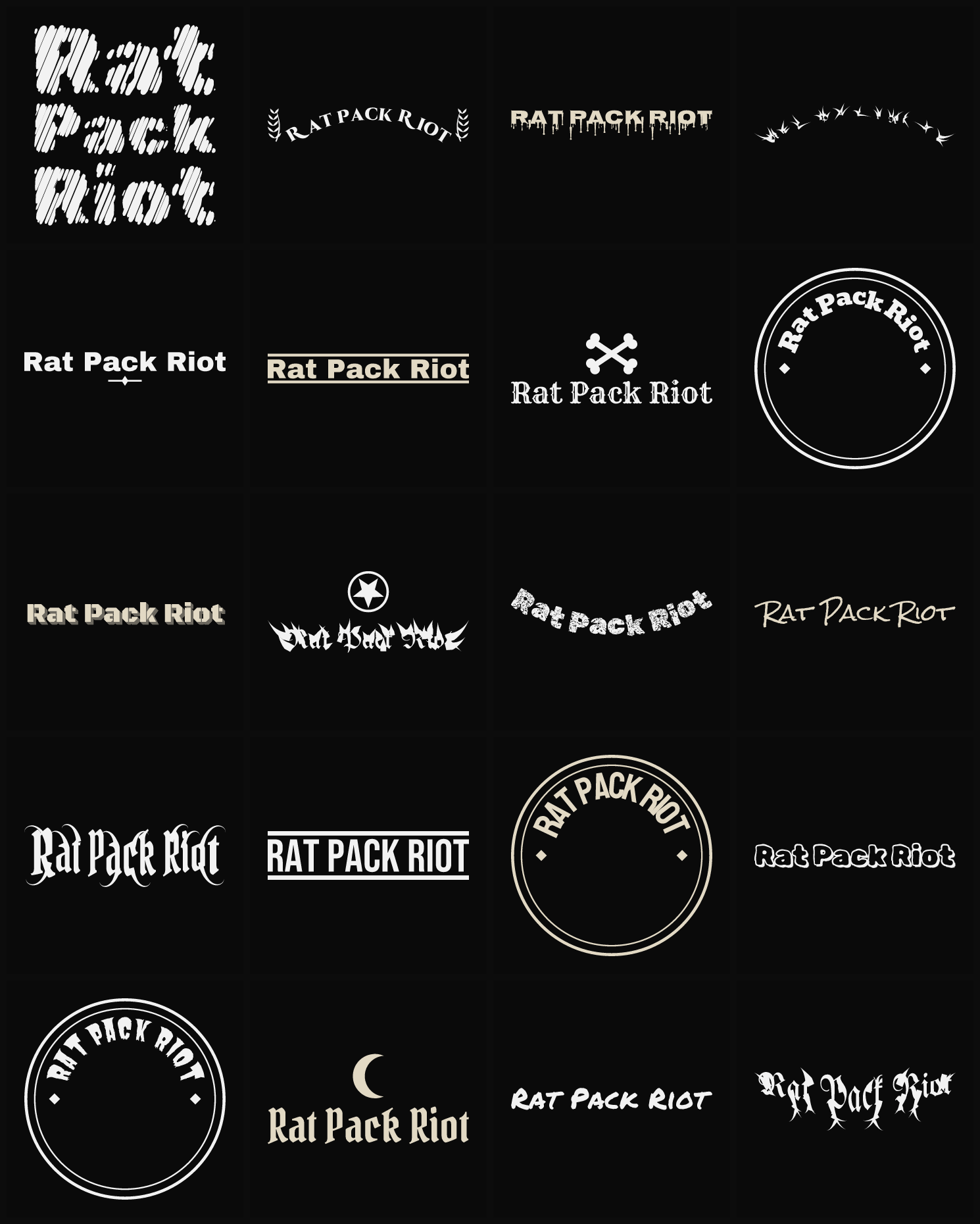 Twenty Rat Pack Riot band logo ideas — different faces, treatments and spike settings