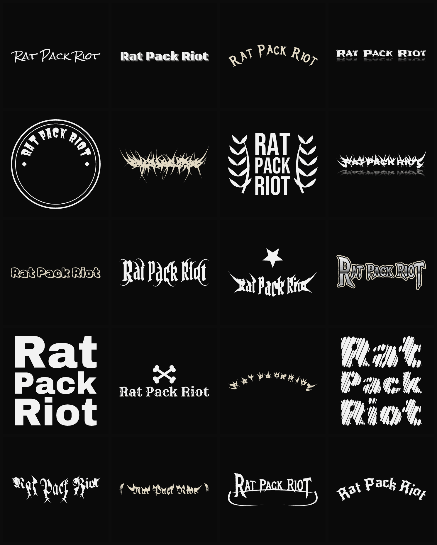 Twenty Rat Pack Riot band logo ideas — different faces, treatments and spike settings