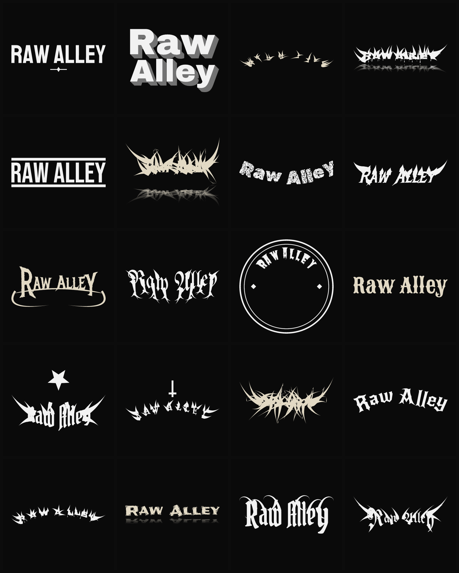 Twenty Raw Alley band logo ideas — different faces, treatments and spike settings
