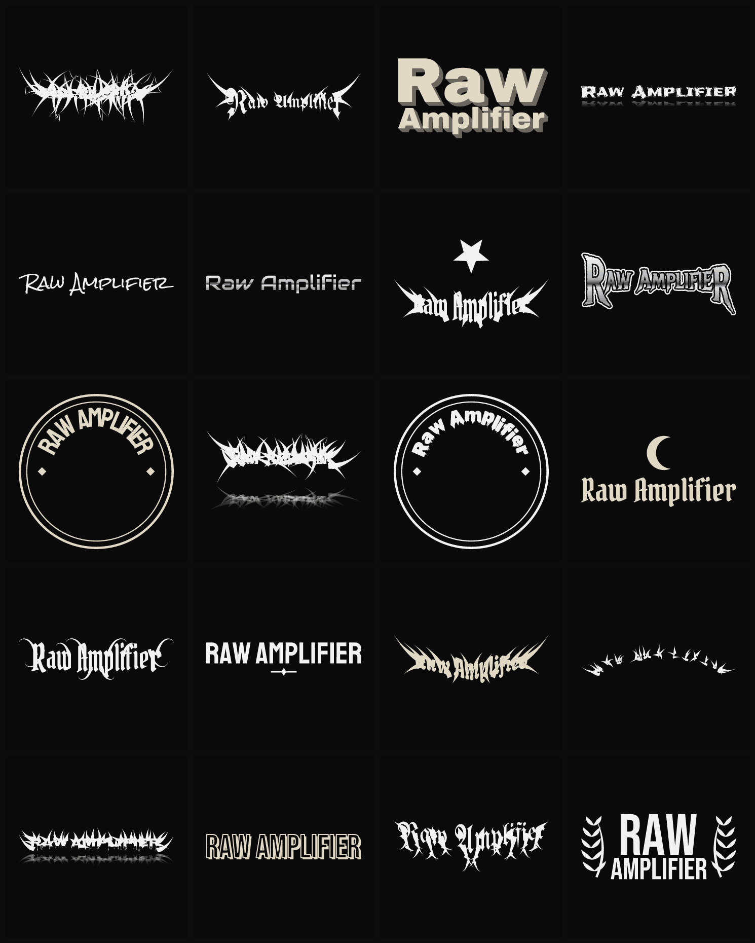 Twenty Raw Amplifier band logo ideas — different faces, treatments and spike settings