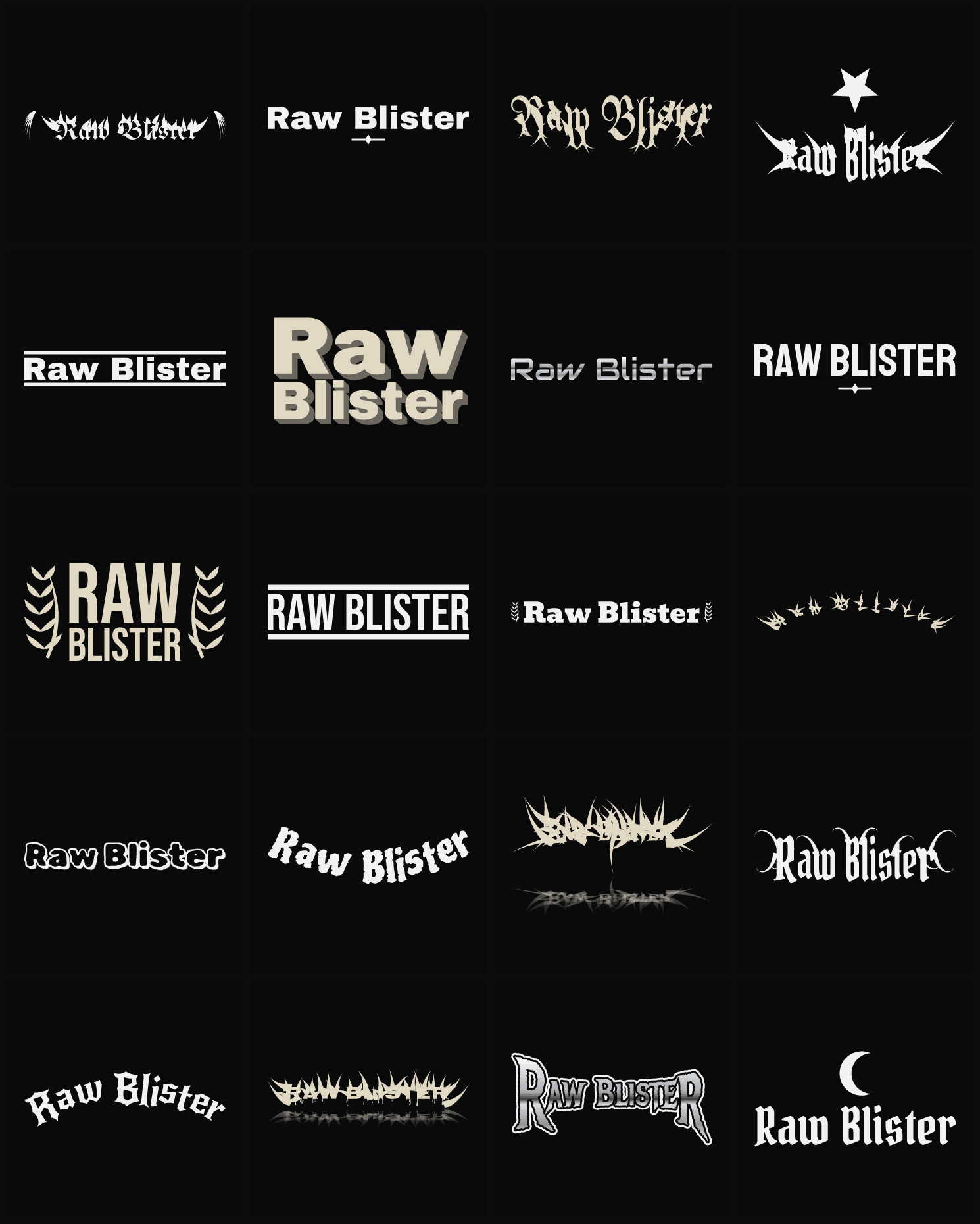 Twenty Raw Blister band logo ideas — different faces, treatments and spike settings