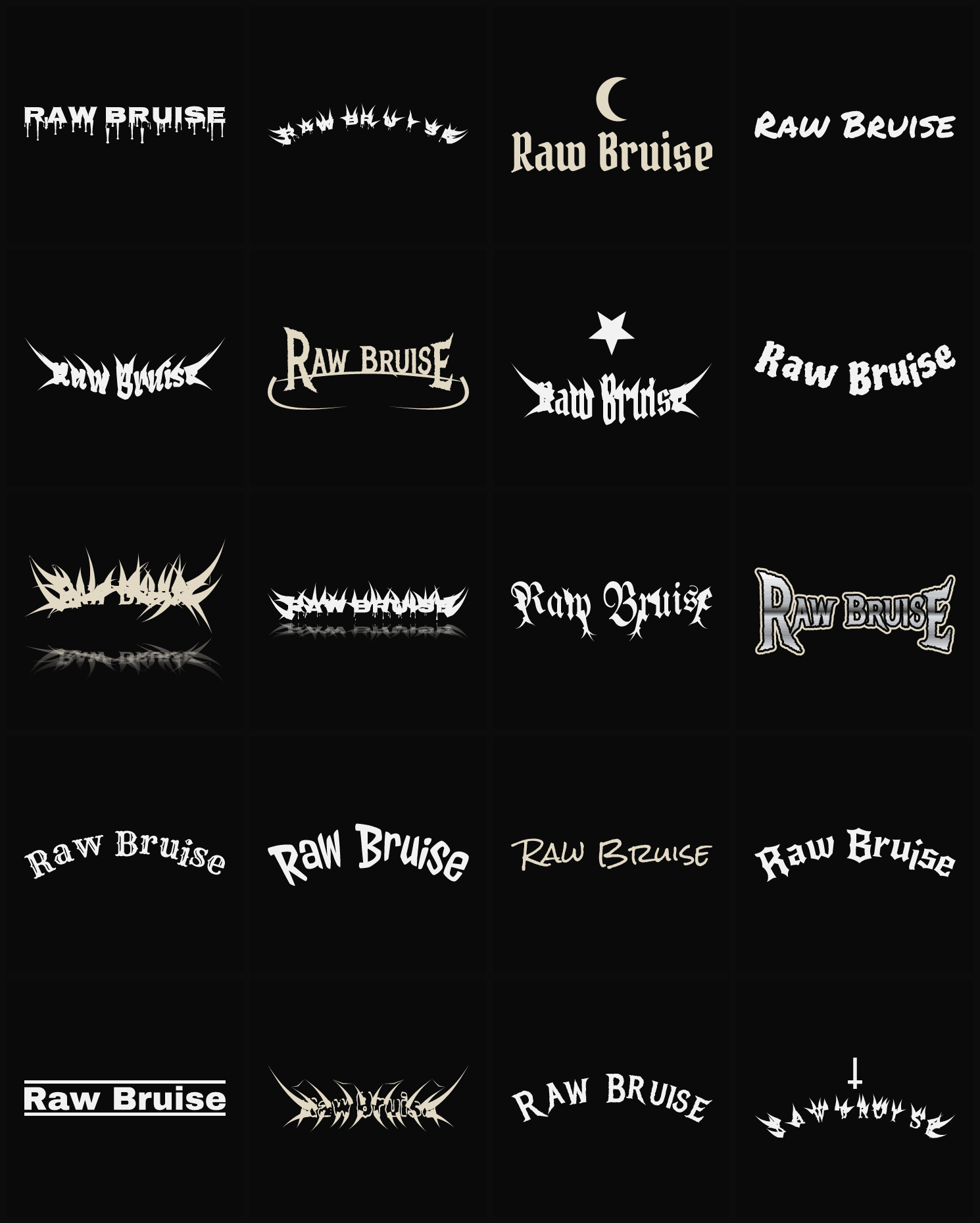 Twenty Raw Bruise band logo ideas — different faces, treatments and spike settings