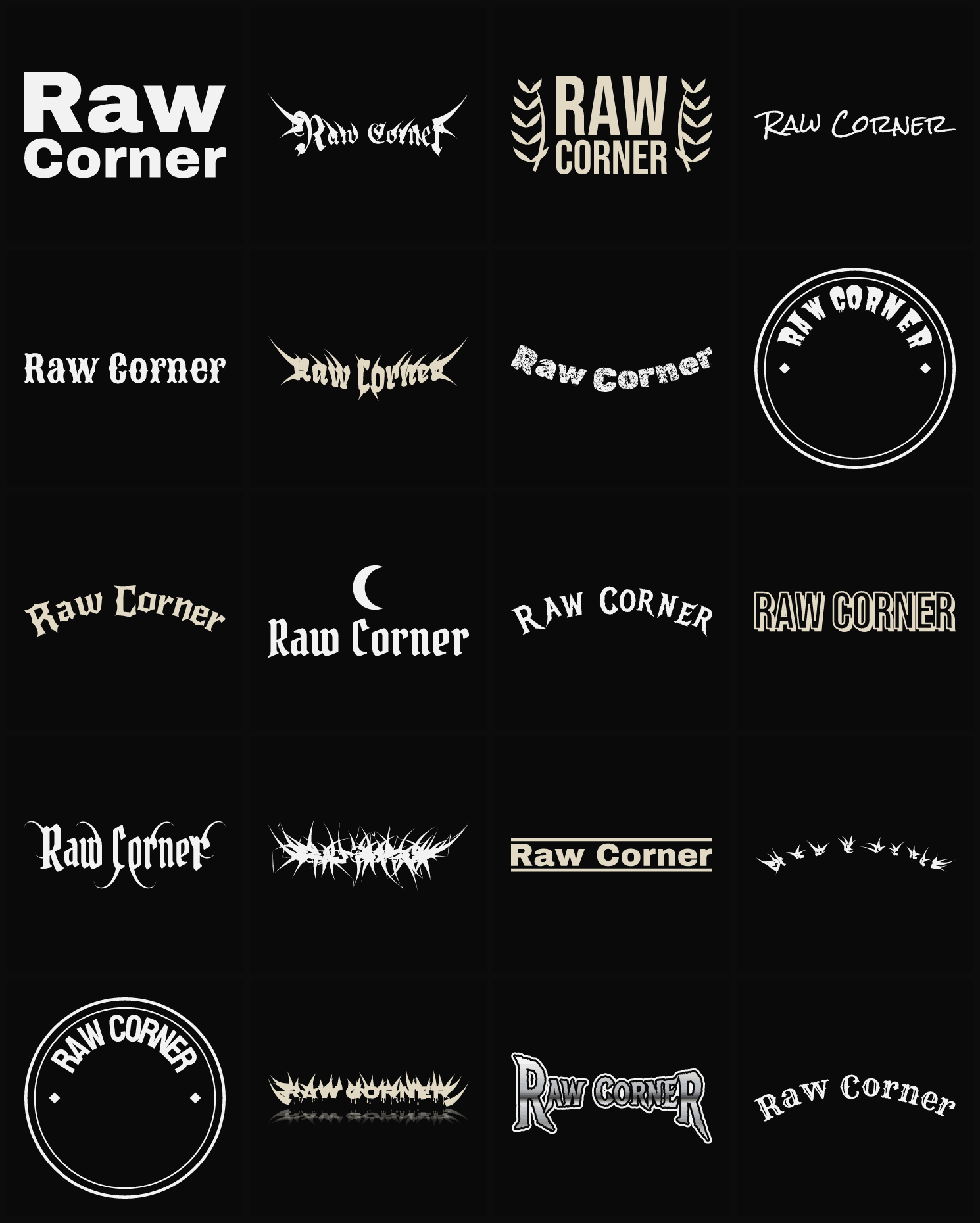 Twenty Raw Corner band logo ideas — different faces, treatments and spike settings