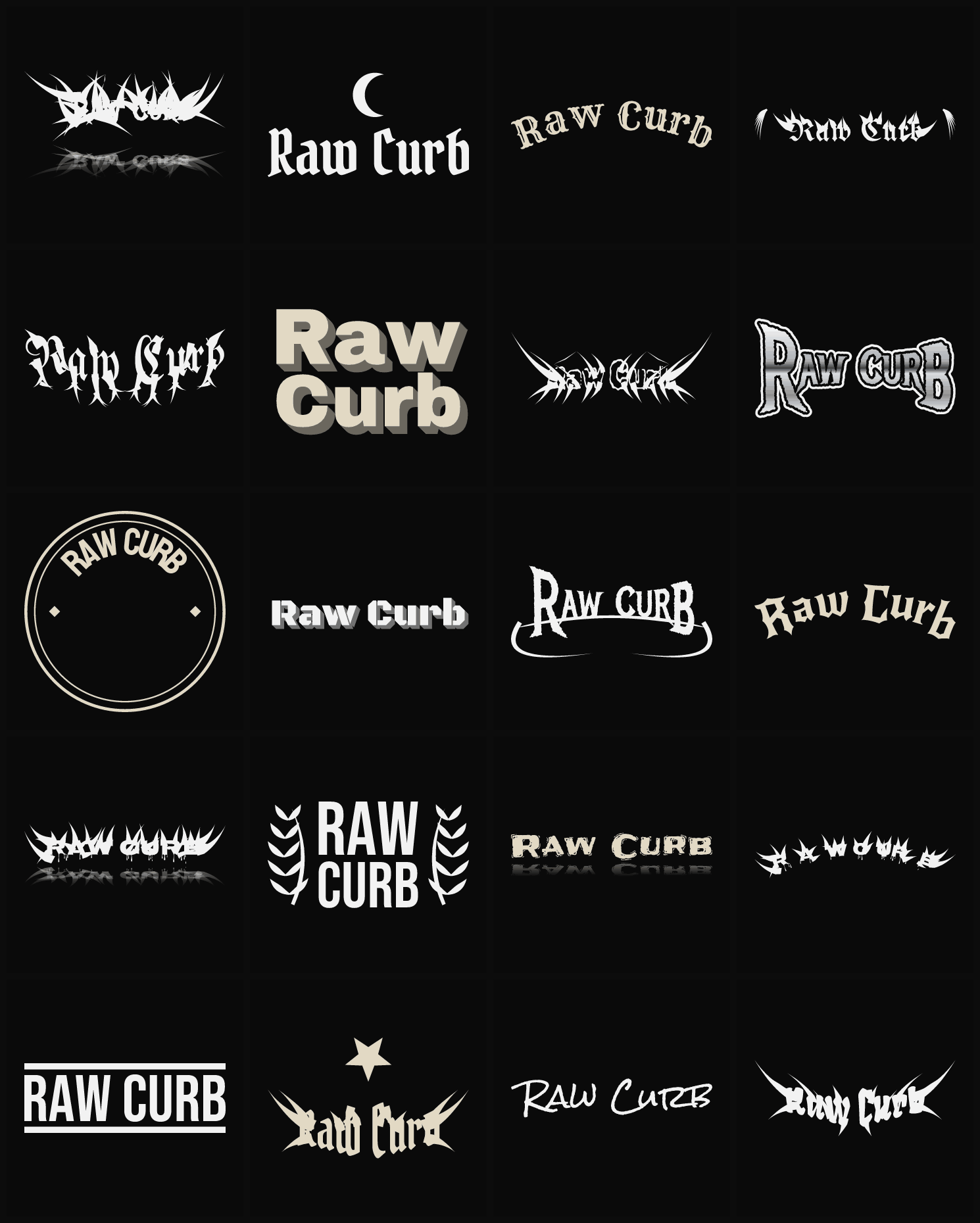 Twenty Raw Curb band logo ideas — different faces, treatments and spike settings