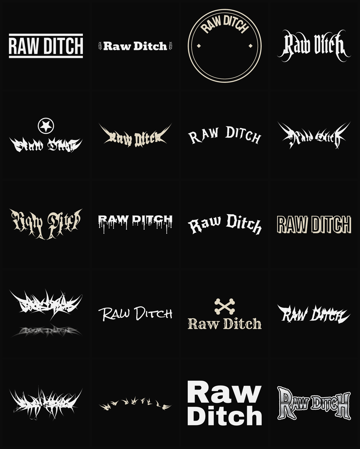 Twenty Raw Ditch band logo ideas — different faces, treatments and spike settings