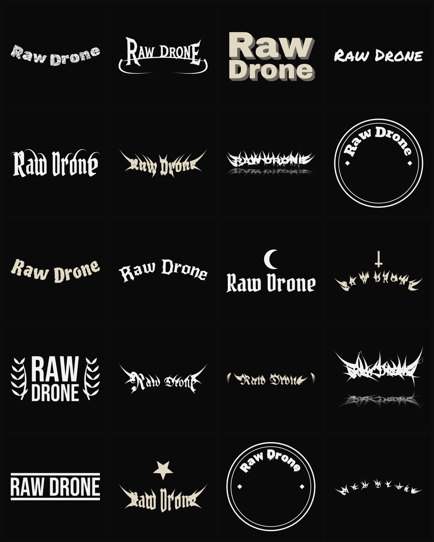 Twenty Raw Drone band logo ideas — different faces, treatments and spike settings