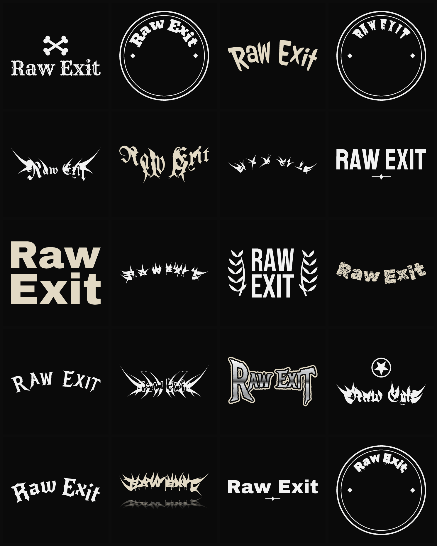 Twenty Raw Exit band logo ideas — different faces, treatments and spike settings
