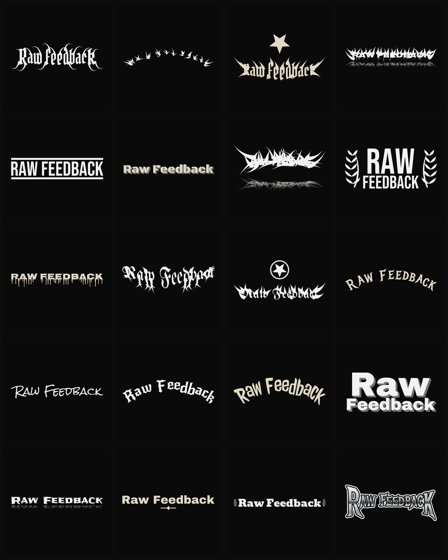 Twenty Raw Feedback band logo ideas — different faces, treatments and spike settings