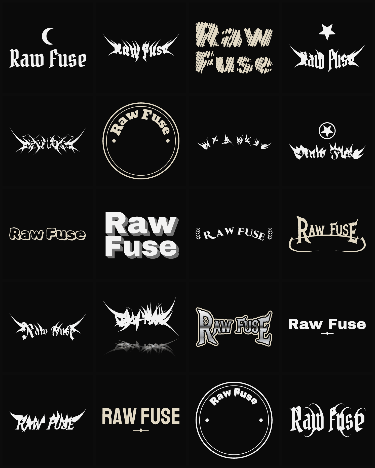 Twenty Raw Fuse band logo ideas — different faces, treatments and spike settings