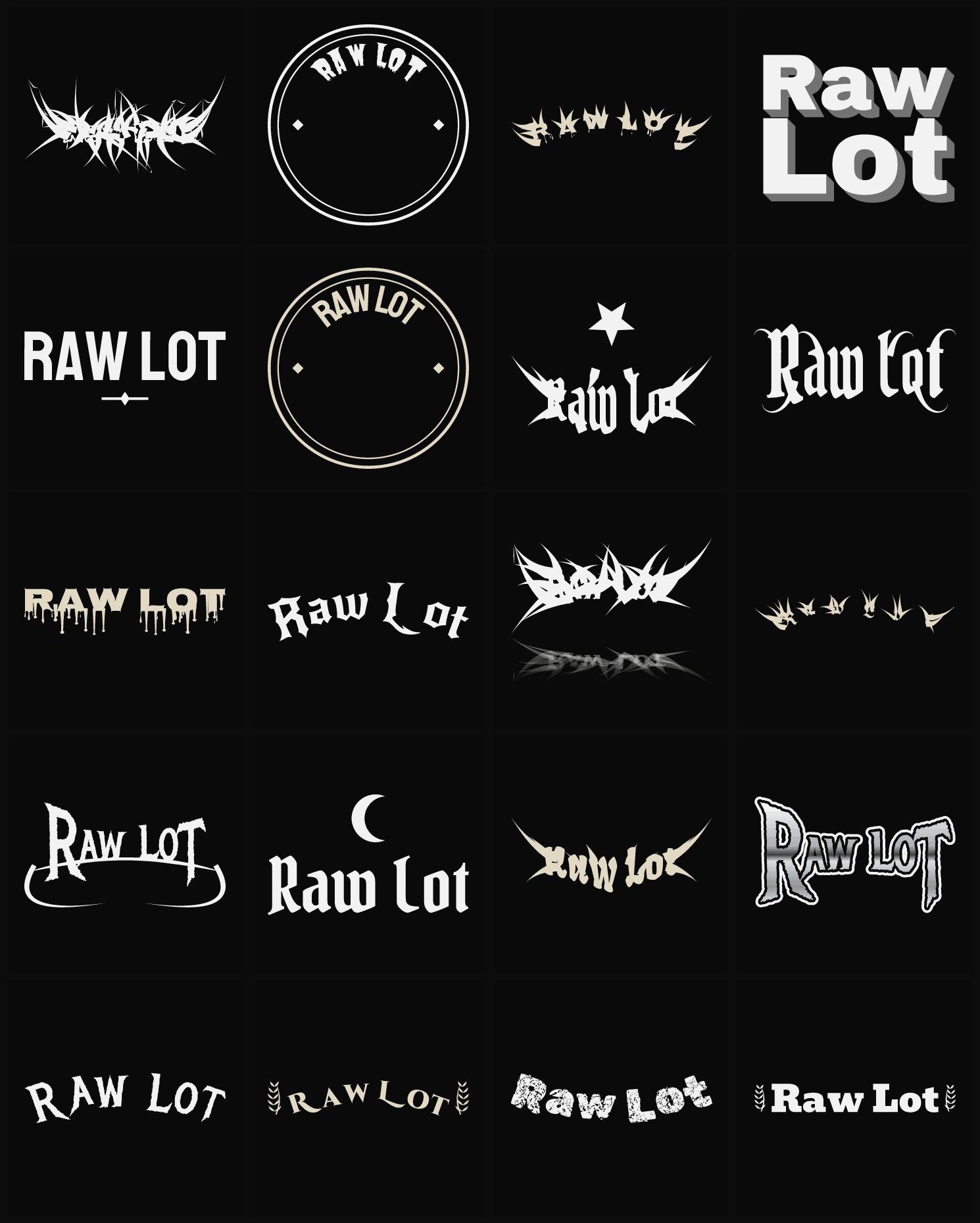 Twenty Raw Lot band logo ideas — different faces, treatments and spike settings