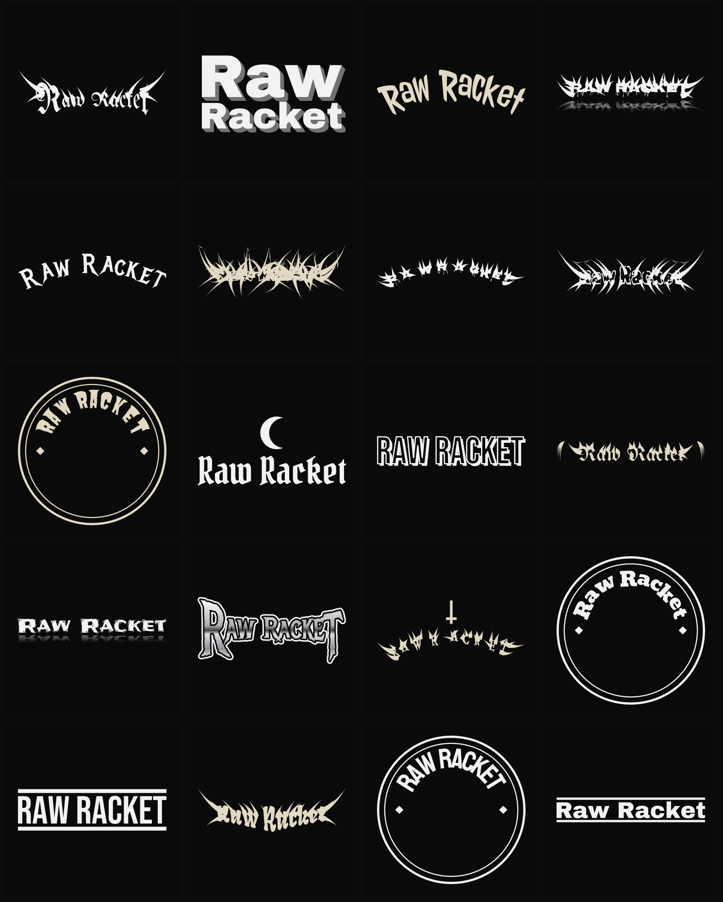 Twenty Raw Racket band logo ideas — different faces, treatments and spike settings