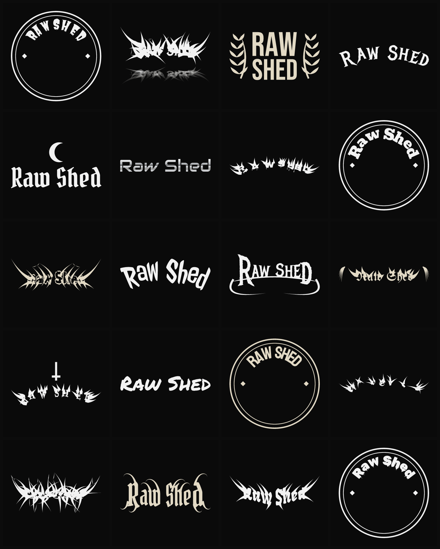 Twenty Raw Shed band logo ideas — different faces, treatments and spike settings