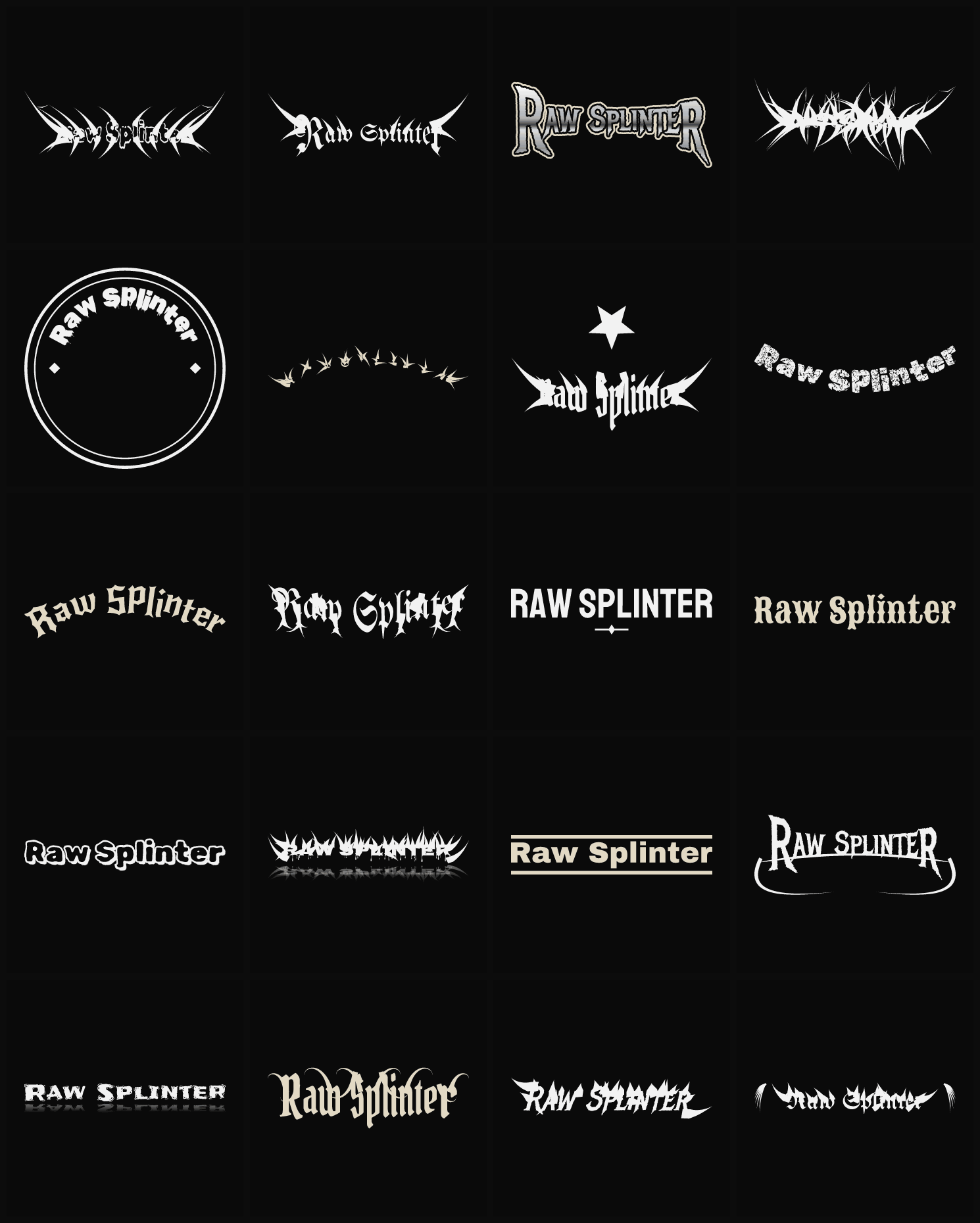 Twenty Raw Splinter band logo ideas — different faces, treatments and spike settings