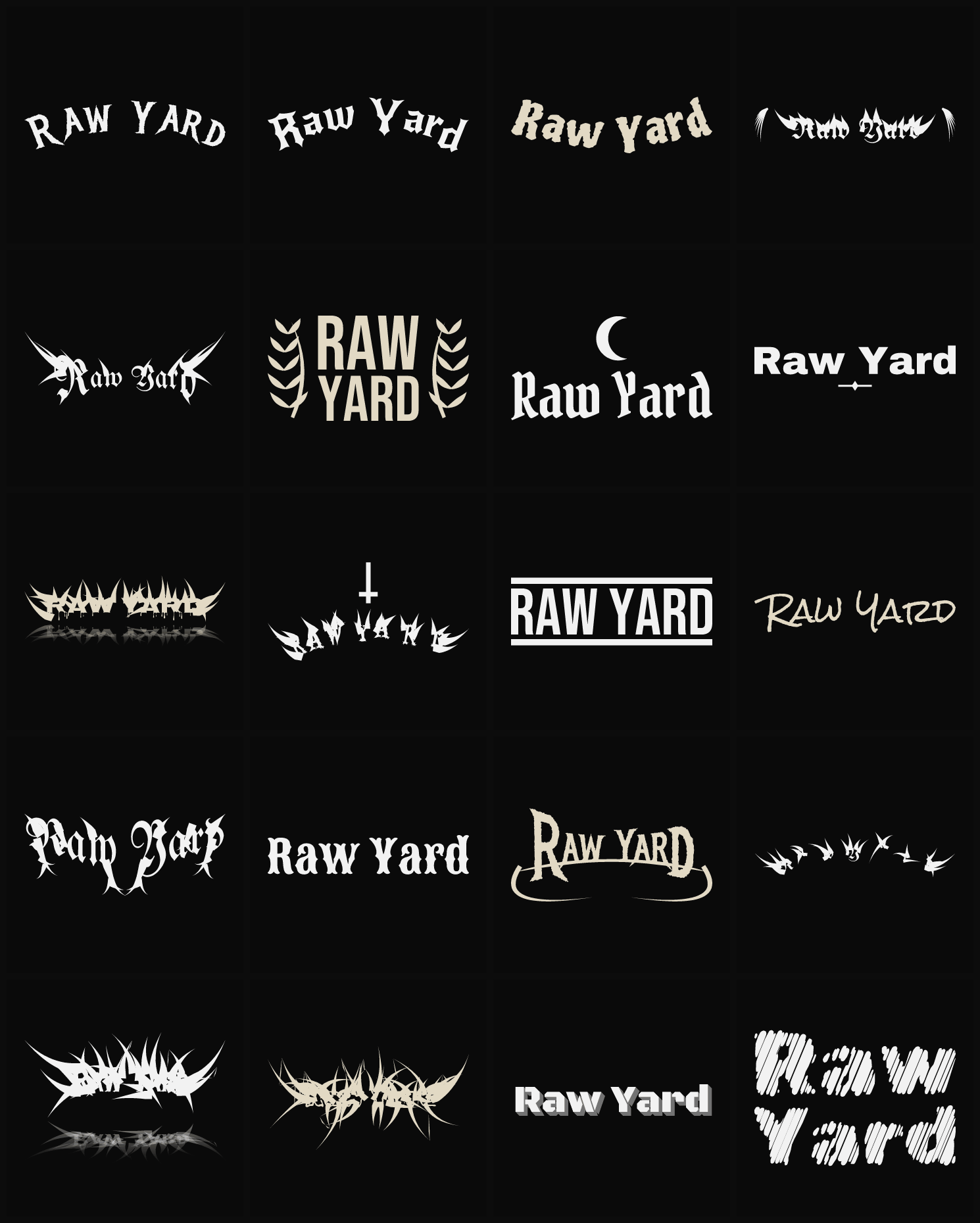 Twenty Raw Yard band logo ideas — different faces, treatments and spike settings