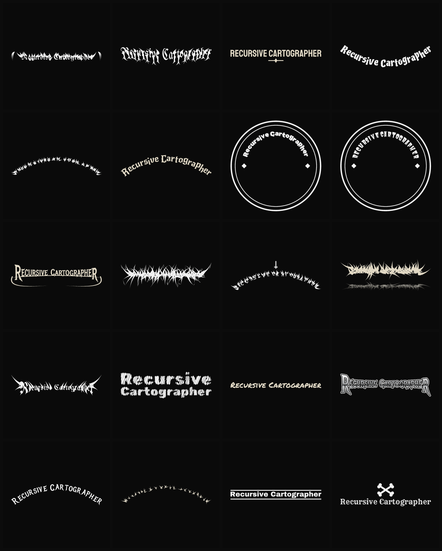 Twenty Recursive Cartographer band logo ideas — different faces, treatments and spike settings