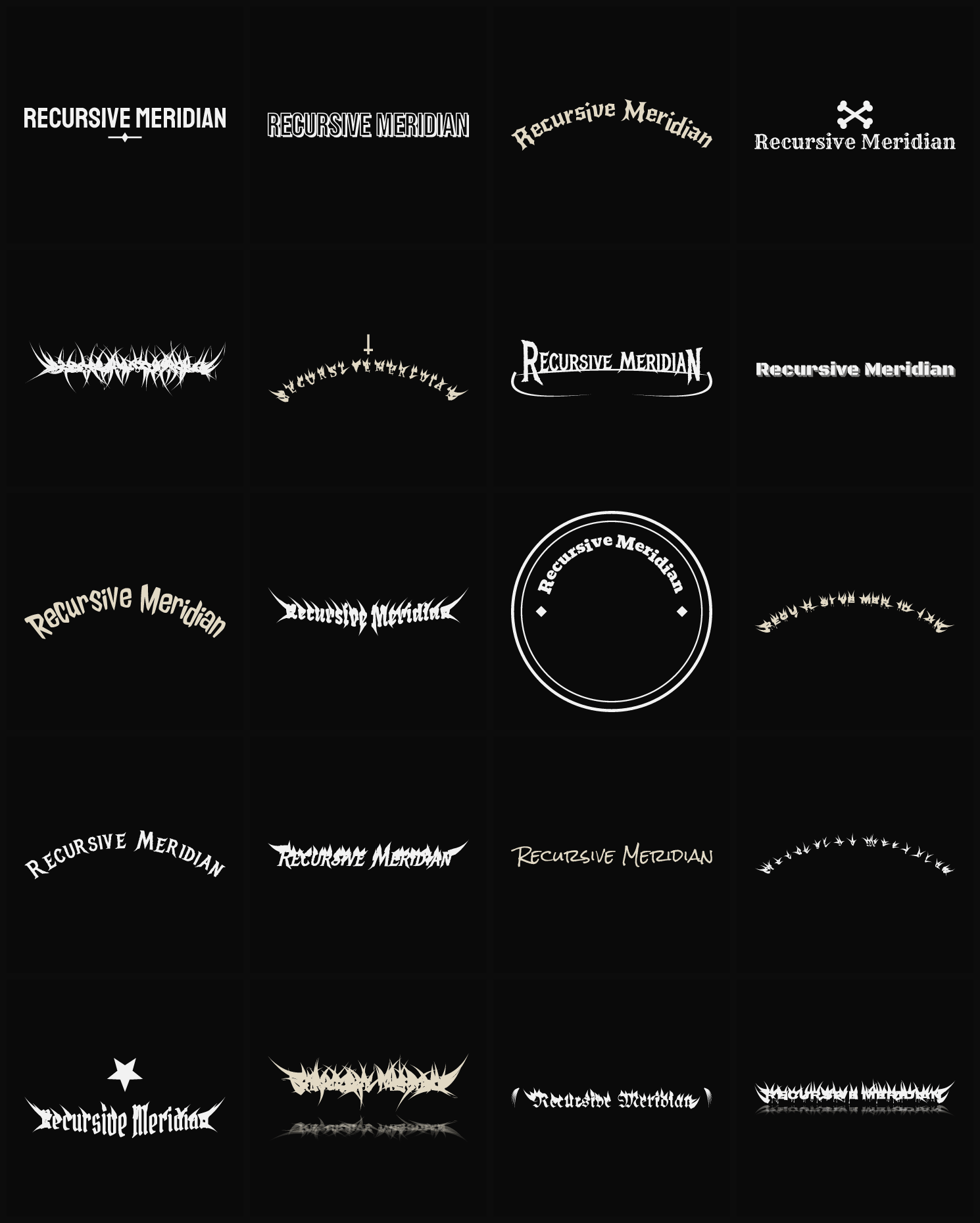 Twenty Recursive Meridian band logo ideas — different faces, treatments and spike settings