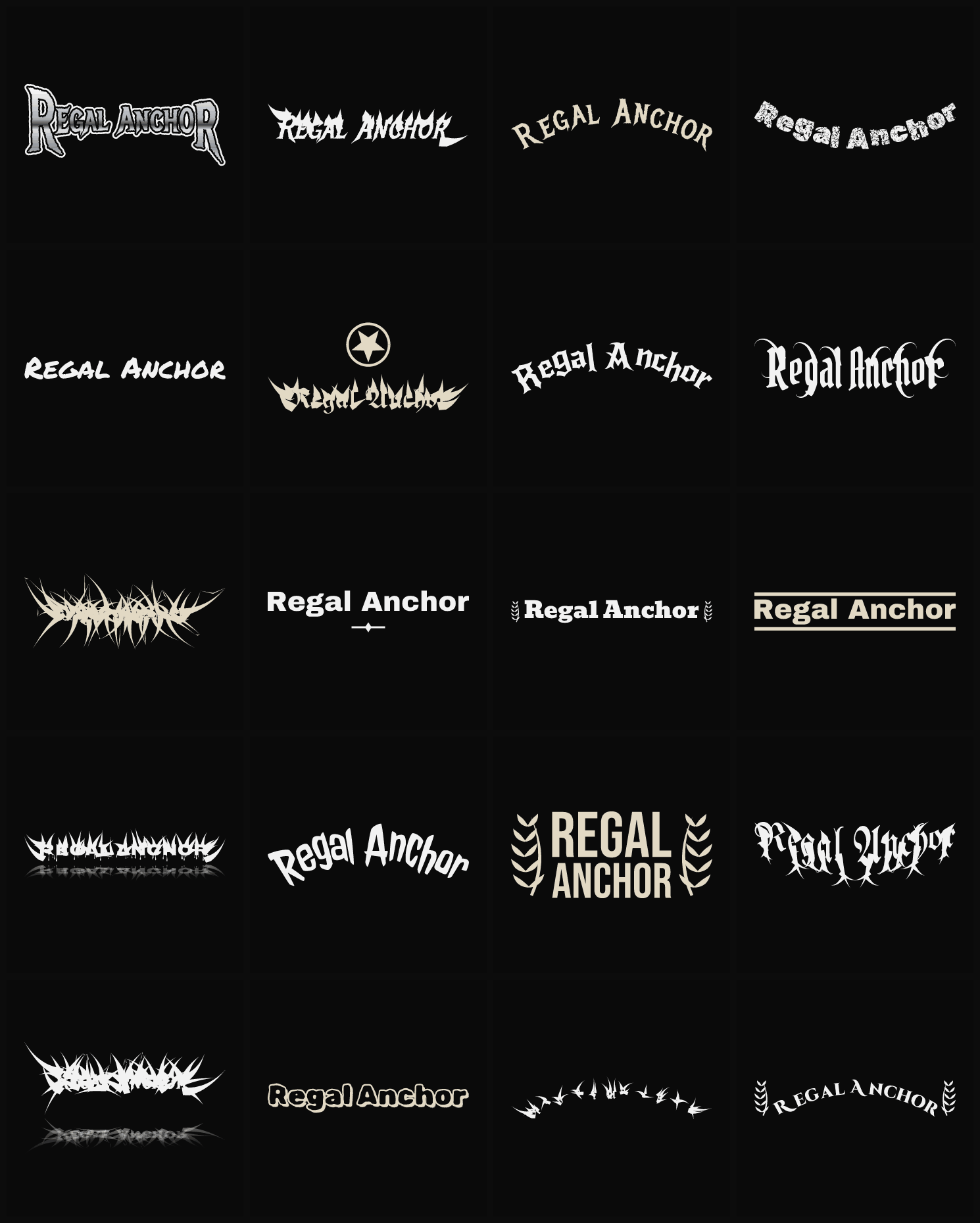 Twenty Regal Anchor band logo ideas — different faces, treatments and spike settings