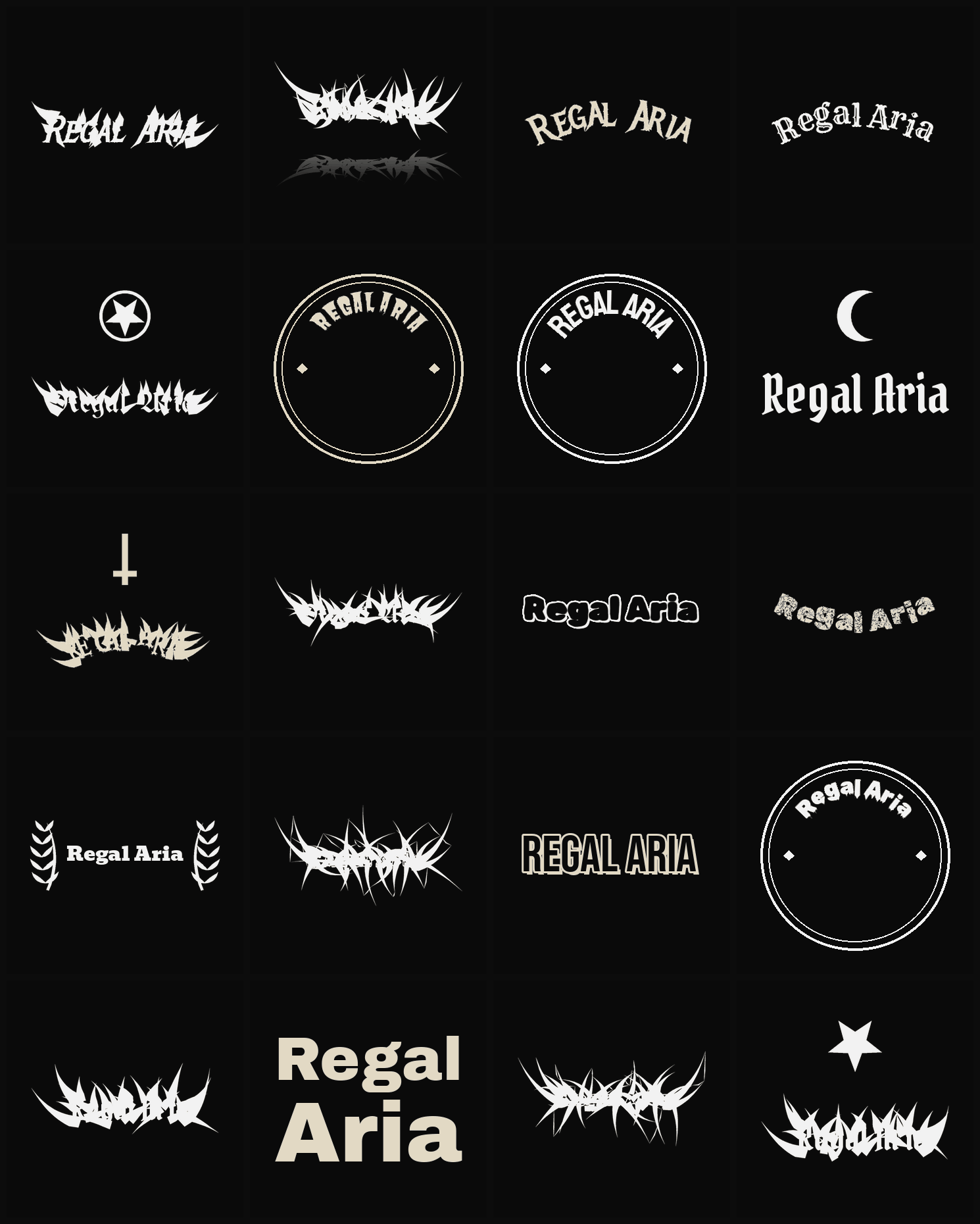 Twenty Regal Aria band logo ideas — different faces, treatments and spike settings