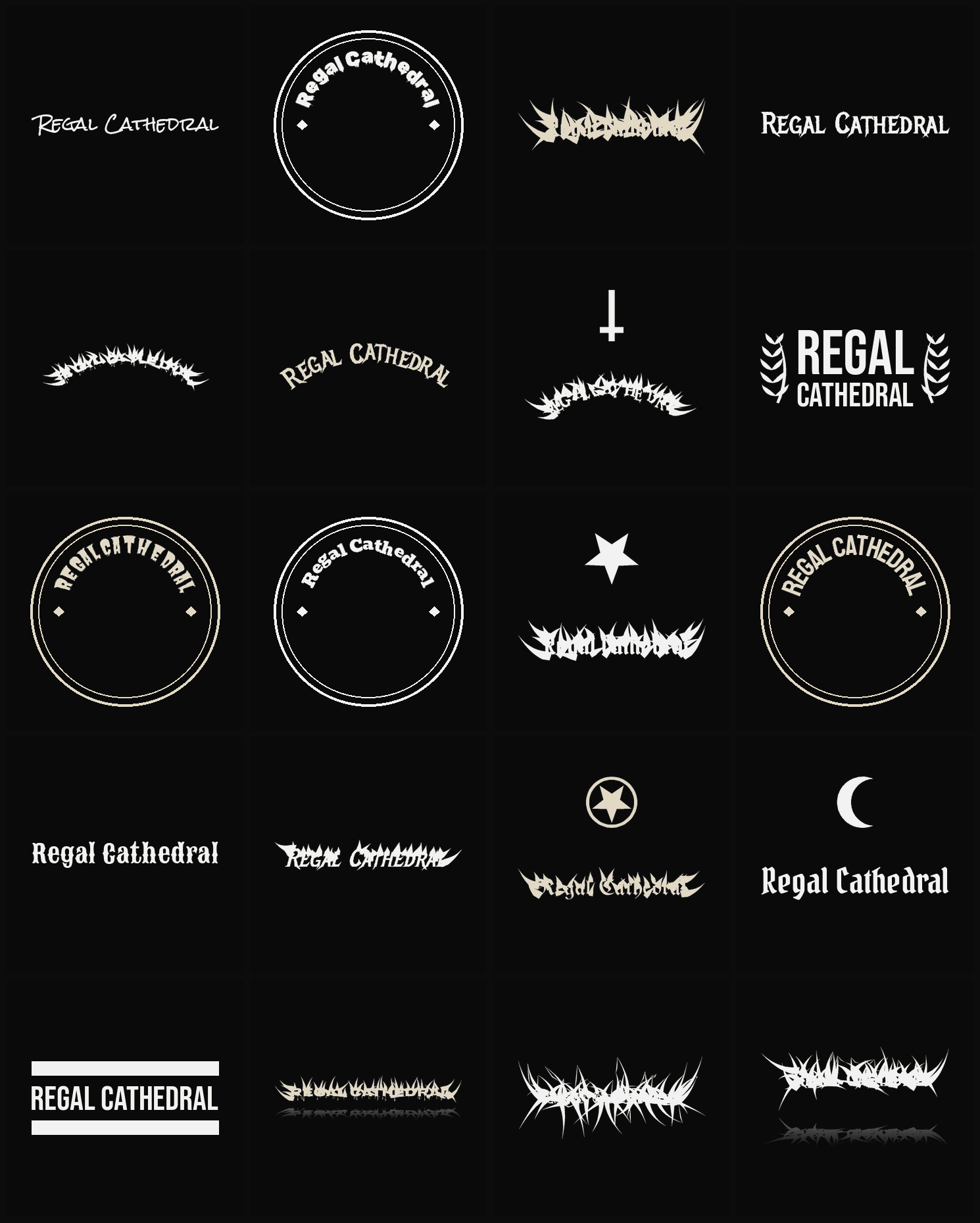 Twenty Regal Cathedral band logo ideas — different faces, treatments and spike settings