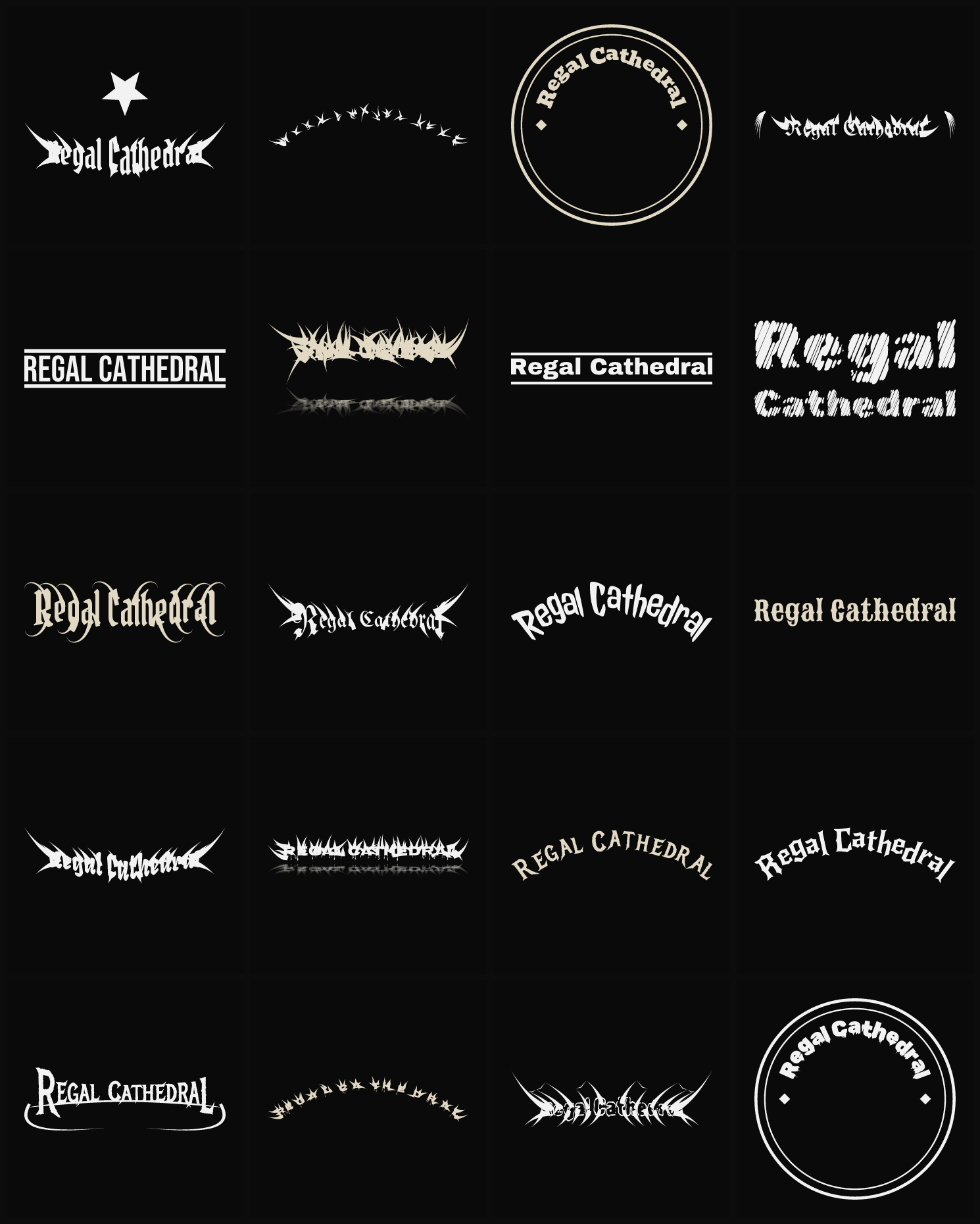 Twenty Regal Cathedral band logo ideas — different faces, treatments and spike settings