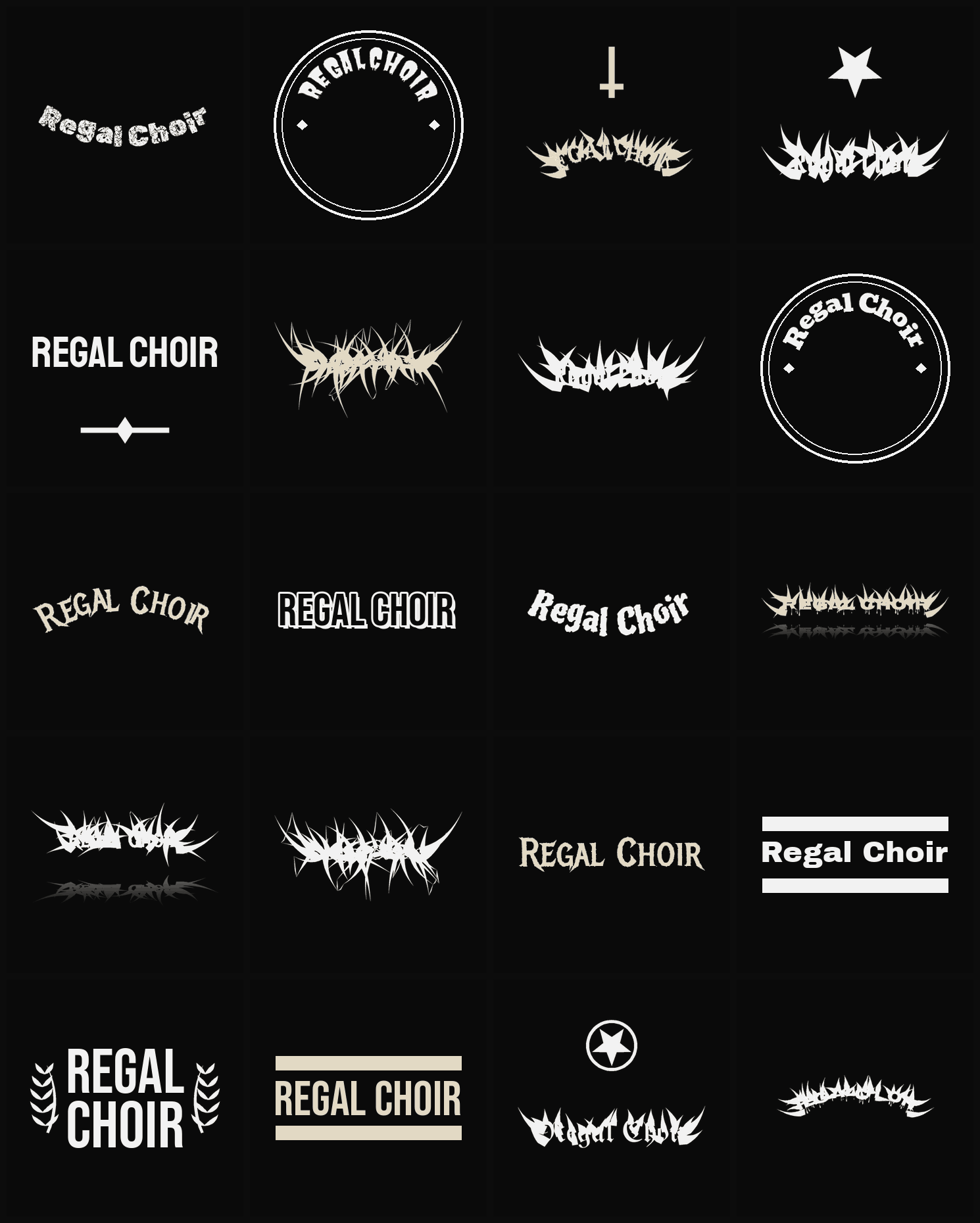 Twenty Regal Choir band logo ideas — different faces, treatments and spike settings