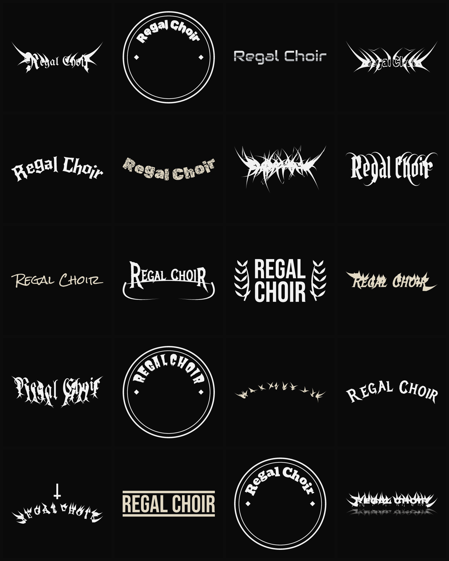 Twenty Regal Choir band logo ideas — different faces, treatments and spike settings