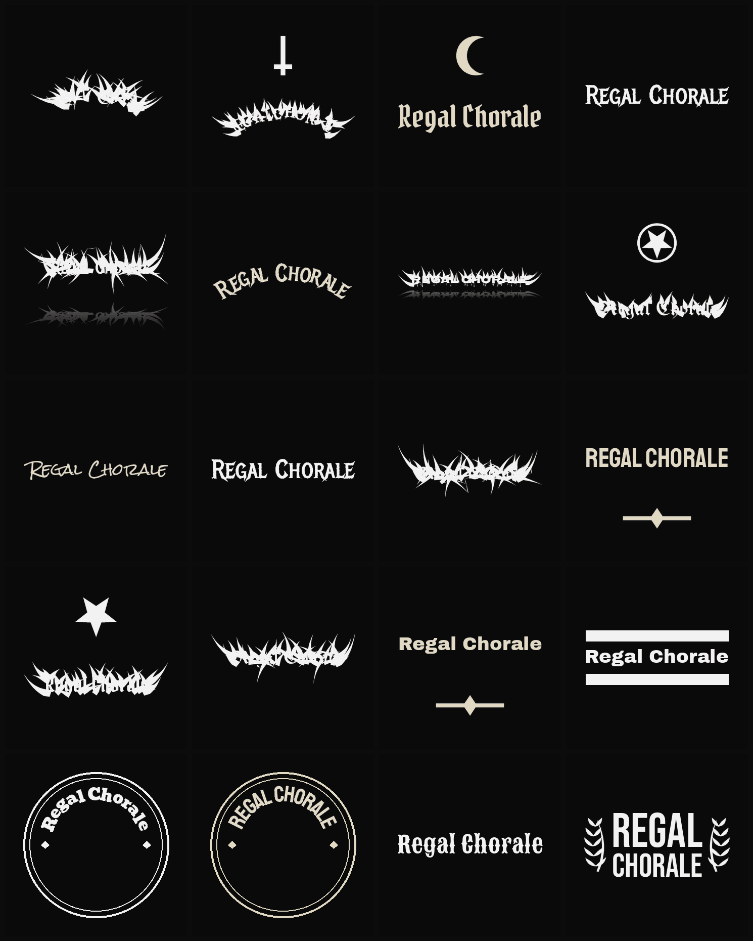 Twenty Regal Chorale band logo ideas — different faces, treatments and spike settings