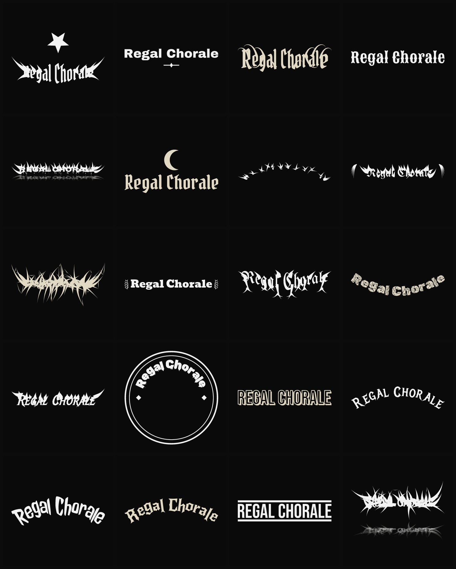 Twenty Regal Chorale band logo ideas — different faces, treatments and spike settings